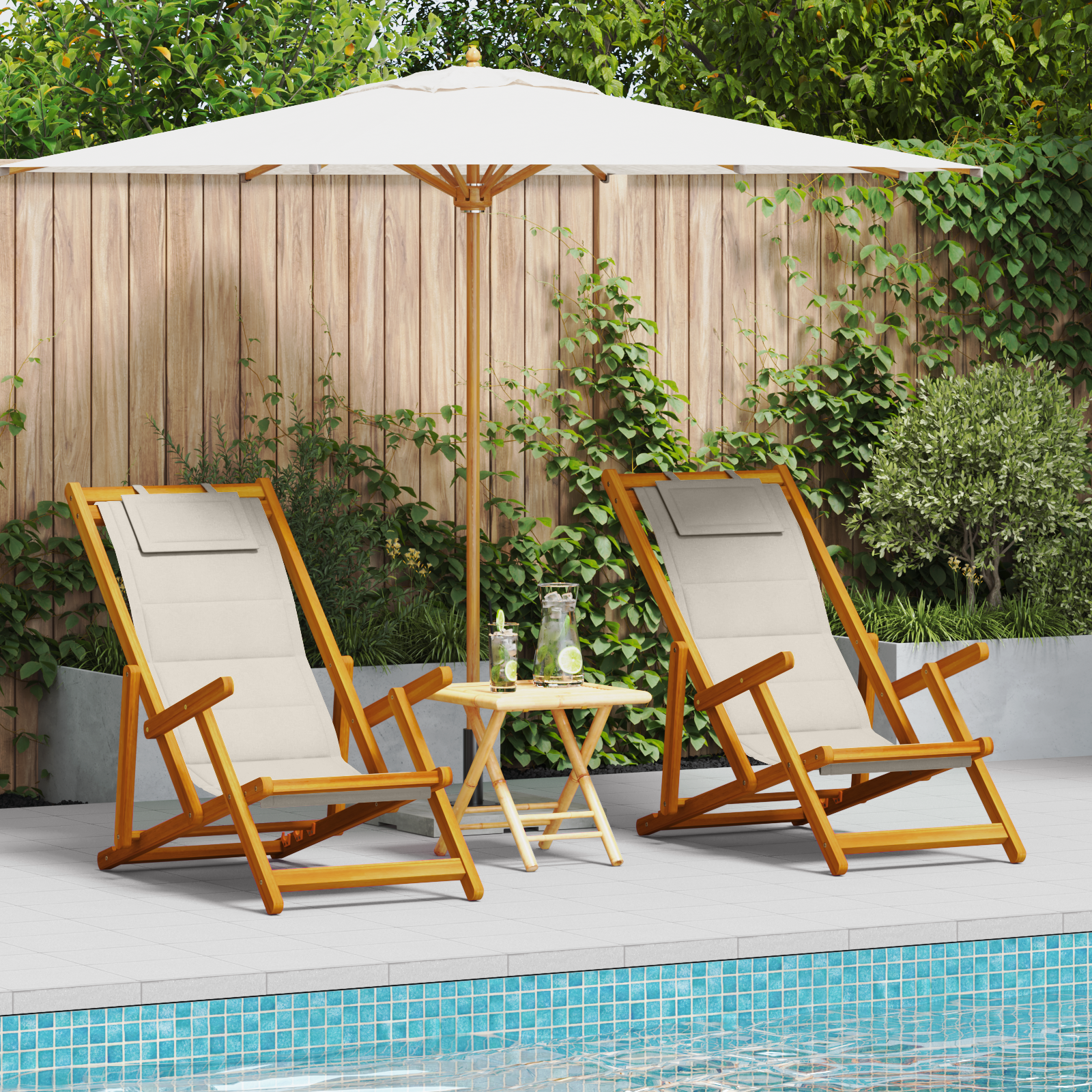 2 Pack of vidaXL Folding Beach Chairs - Light Grey, Acacia Wood & Textilene