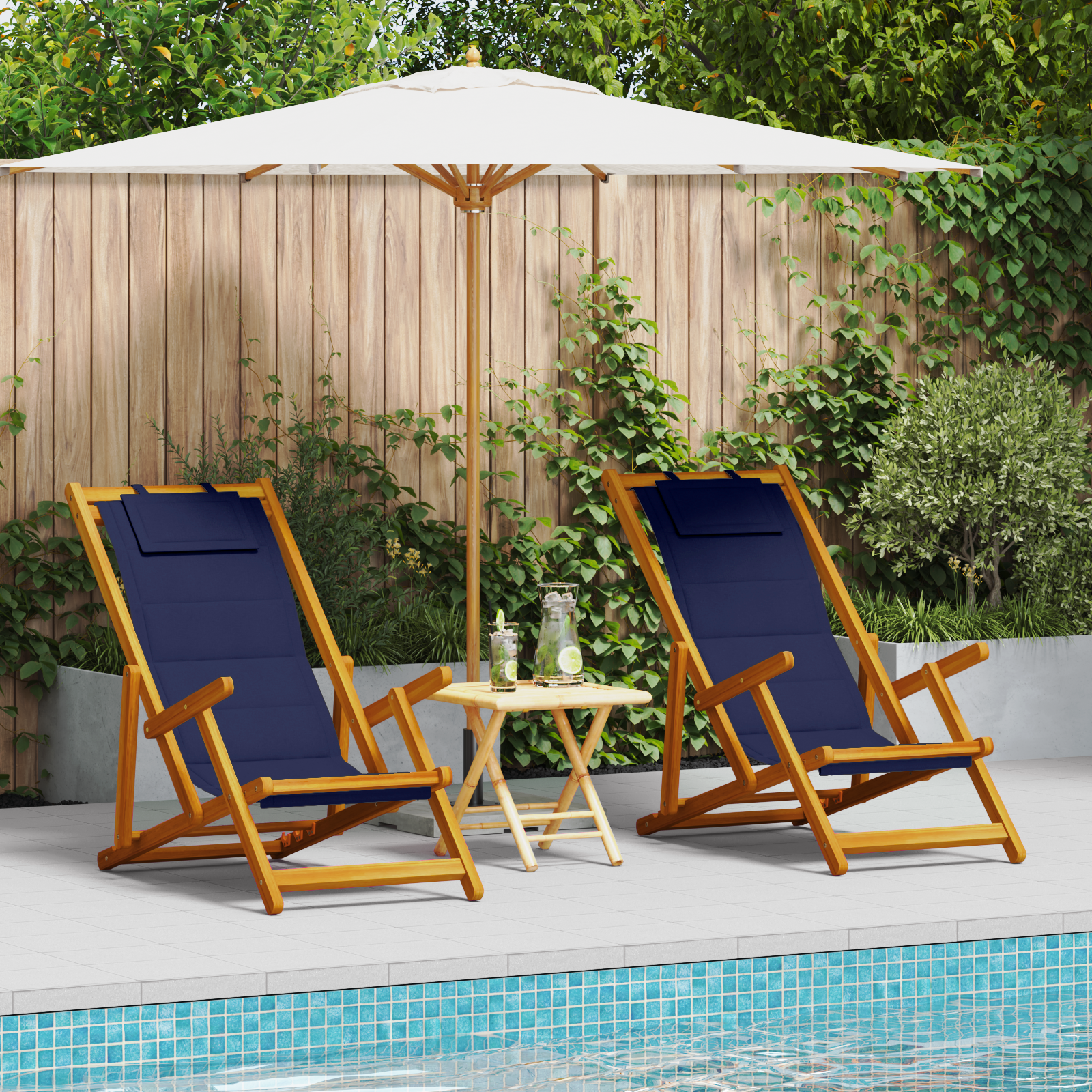 Folding Beach Chairs - Set of 2, Blue, Solid Acacia Wood & Textilene