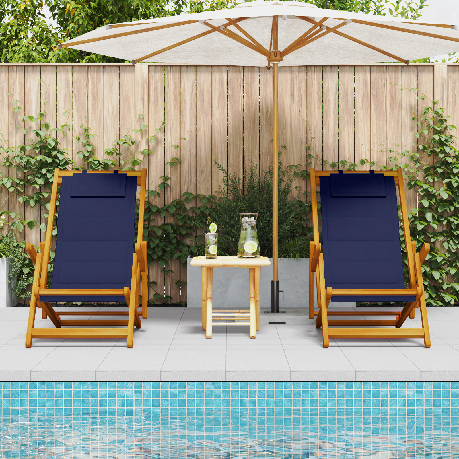 Folding Beach Chairs - Set of 2, Blue, Solid Acacia Wood & Textilene - Image 3