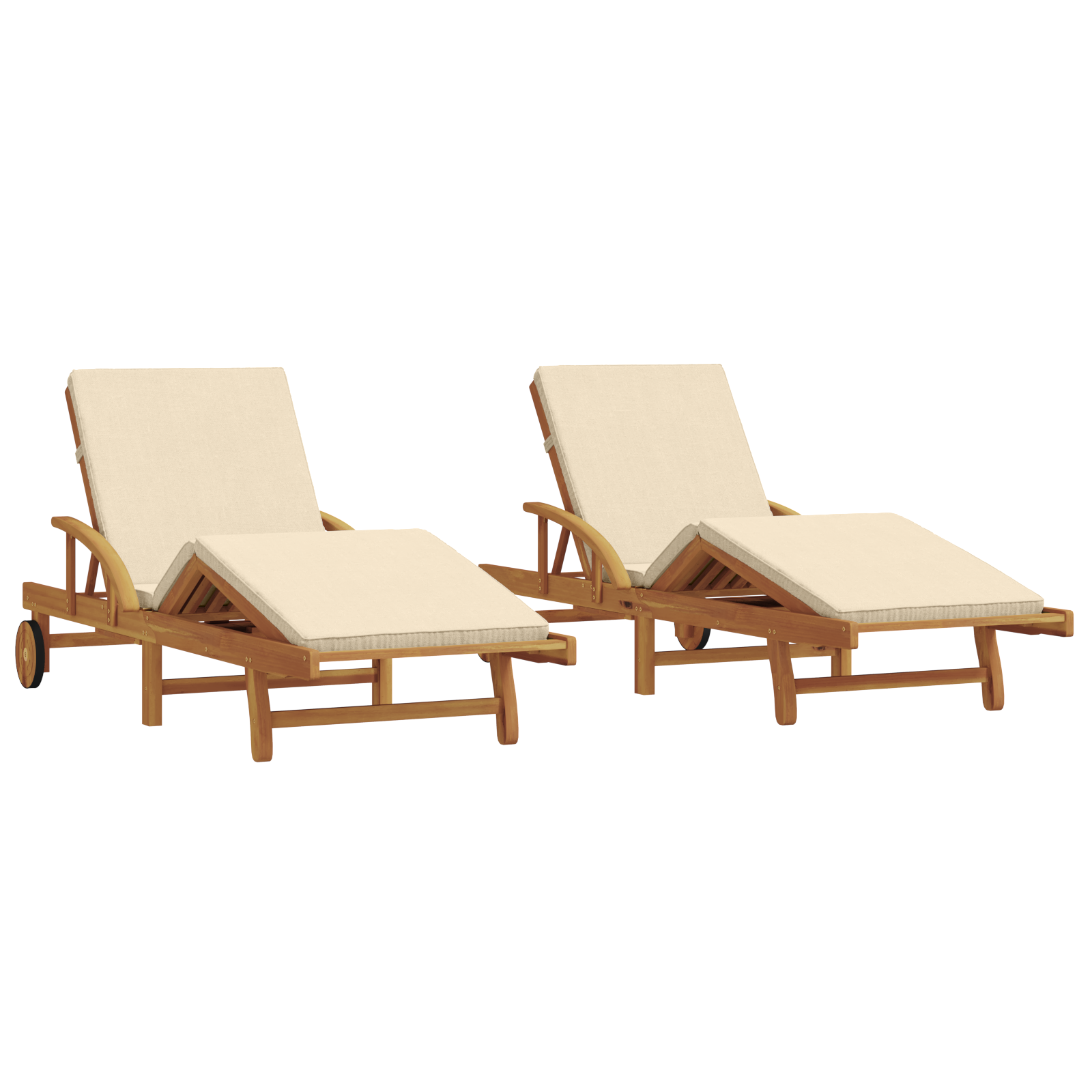 Sun Loungers 2 pcs with Cushions and Wheels Beige Solid Wood Acacia - Image 2