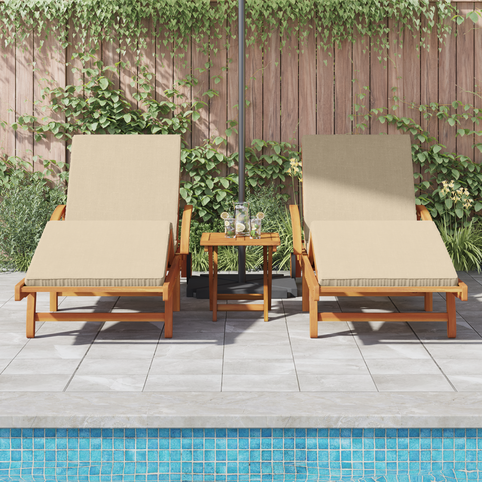 Sun Loungers 2 pcs with Cushions and Wheels Beige Solid Wood Acacia - Image 3