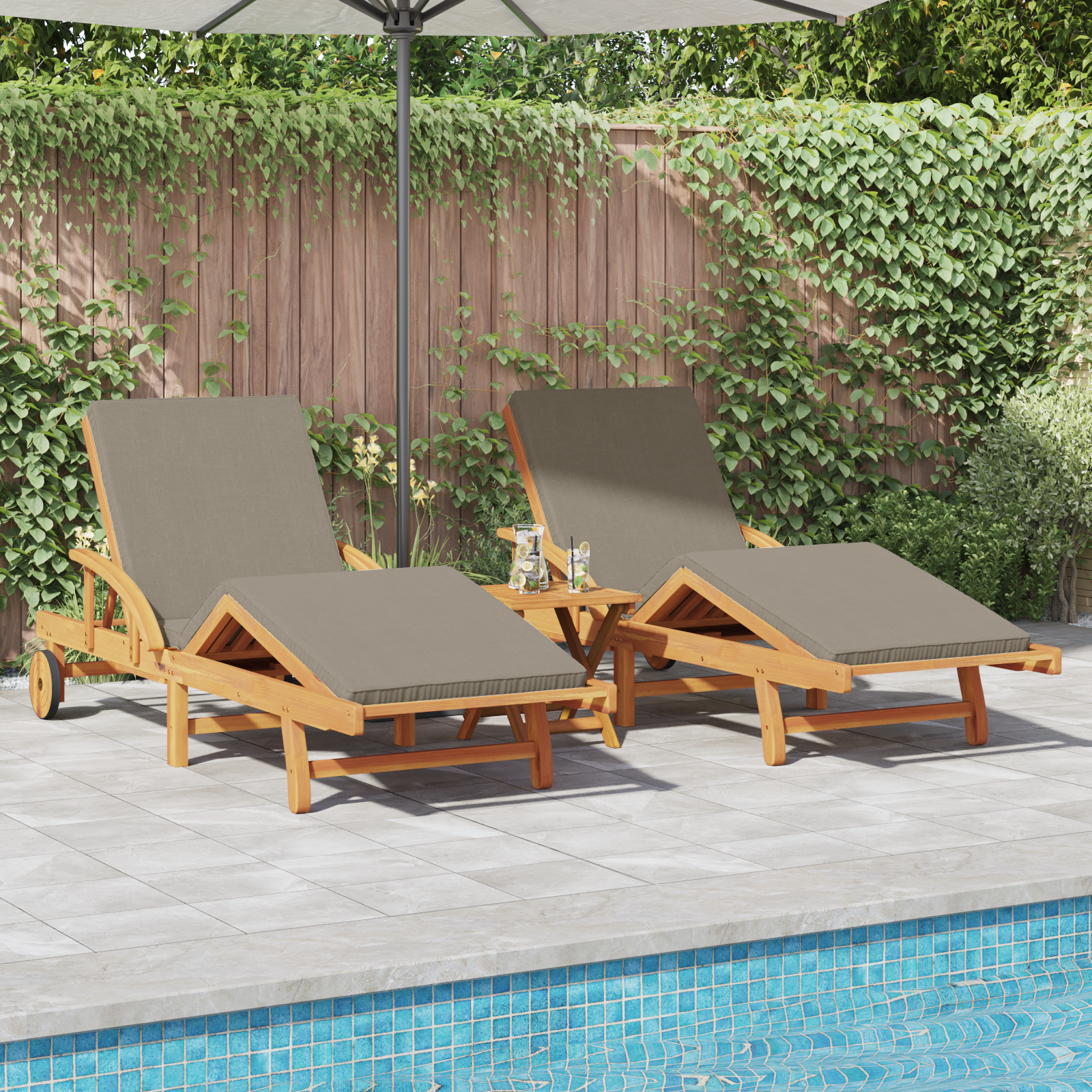 Sun Loungers 2 pcs with Cushions and Wheels Taupe Solid Wood Acacia