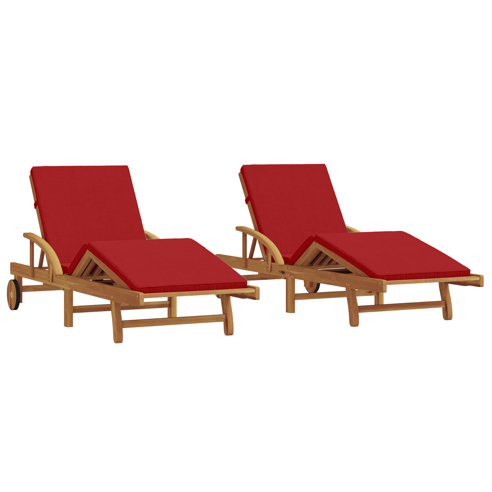 Sun Loungers 2 pcs with Cushions and Wheels Red Solid Wood Acacia - Image 2