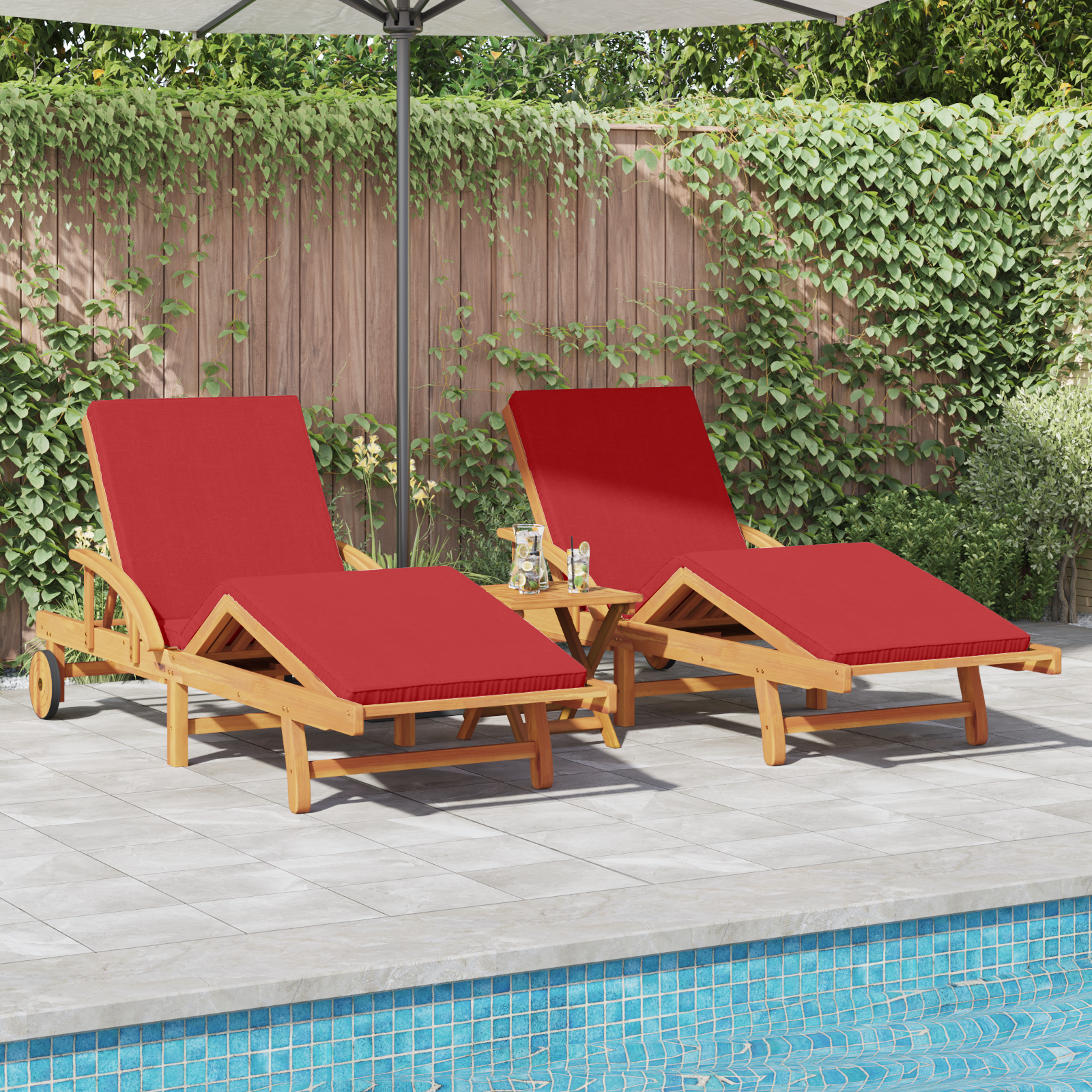 Sun Loungers 2 pcs with Cushions and Wheels Red Solid Wood Acacia