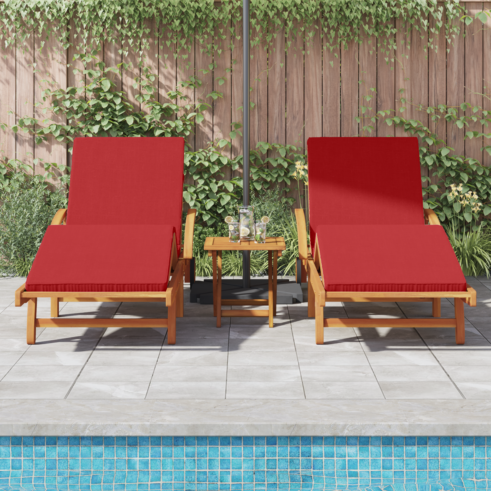 Sun Loungers 2 pcs with Cushions and Wheels Red Solid Wood Acacia - Image 3