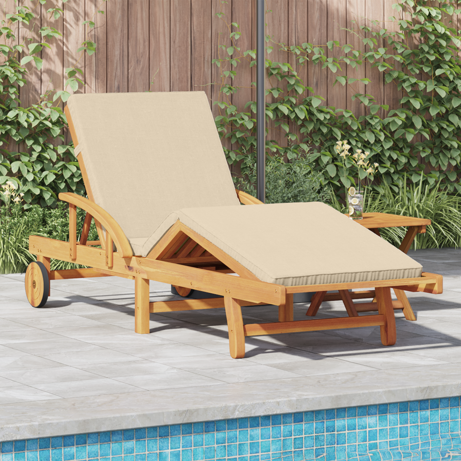 Zonligstoel met Kussen en Tafel Beige Massief Acaciahout