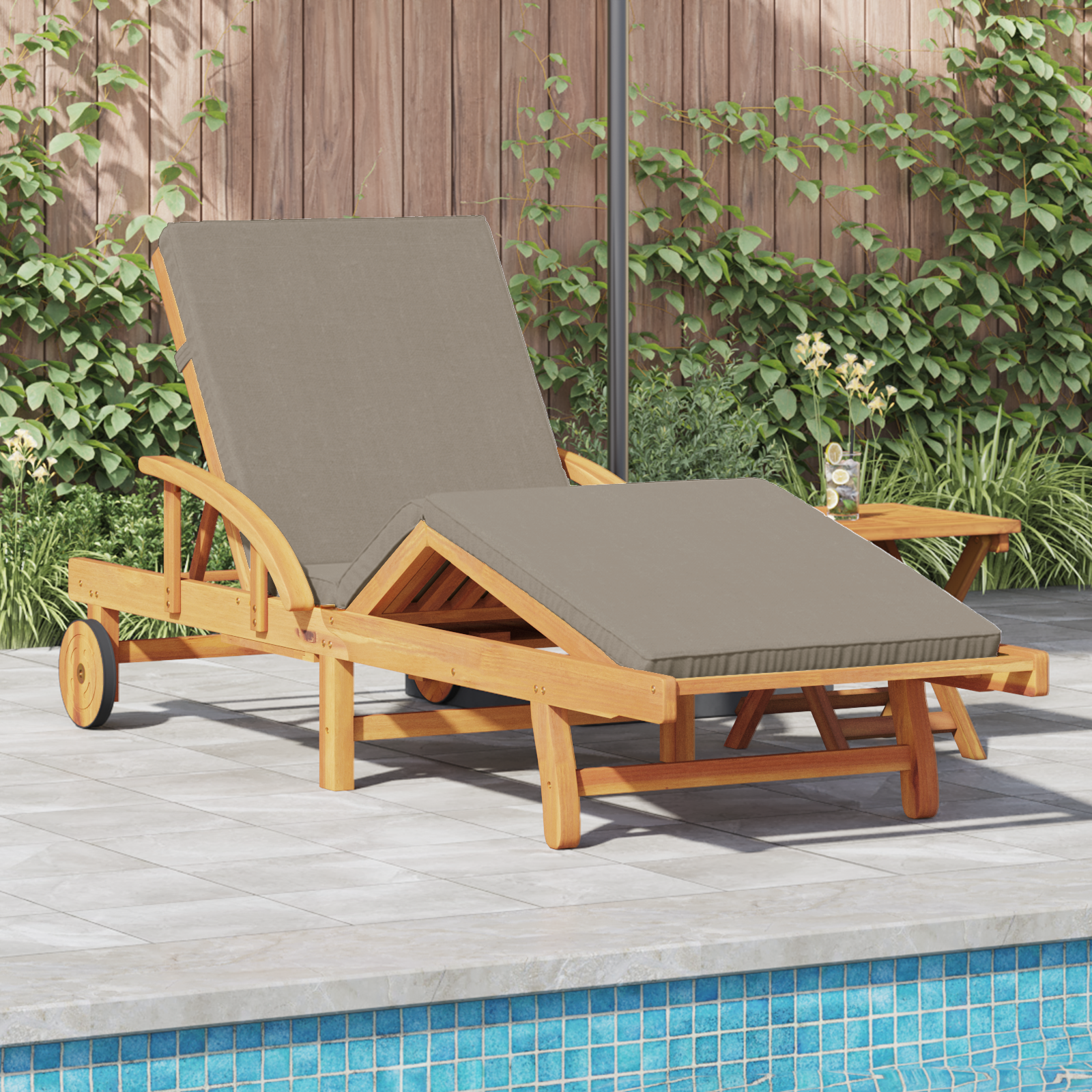 Sun Lounger with Cushion and Table Taupe Solid Wood Acacia