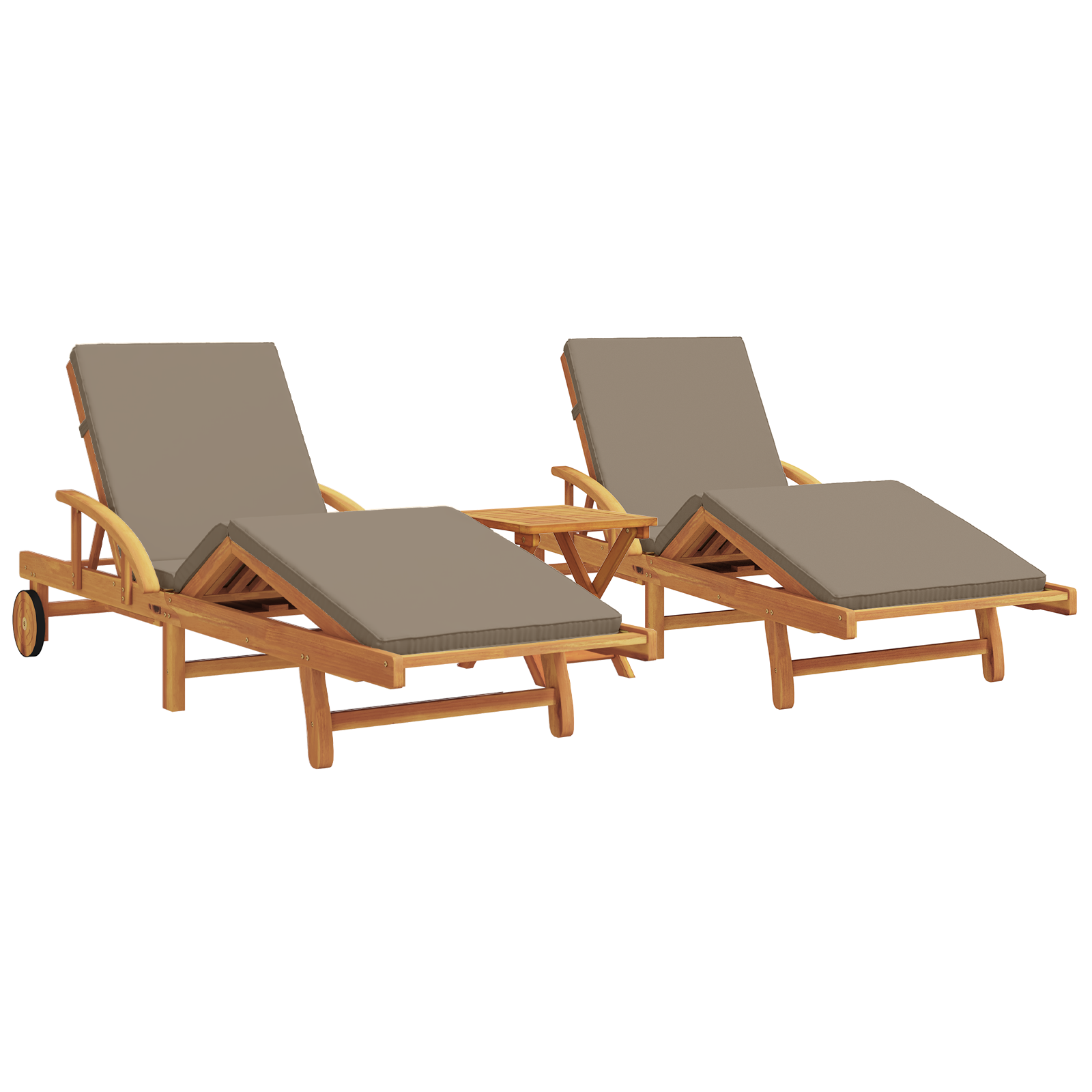 Thumbnail - vidaXL Sonnenliegen 2 Stück mit Kissen und Tisch Taupe Massivholz Akazie