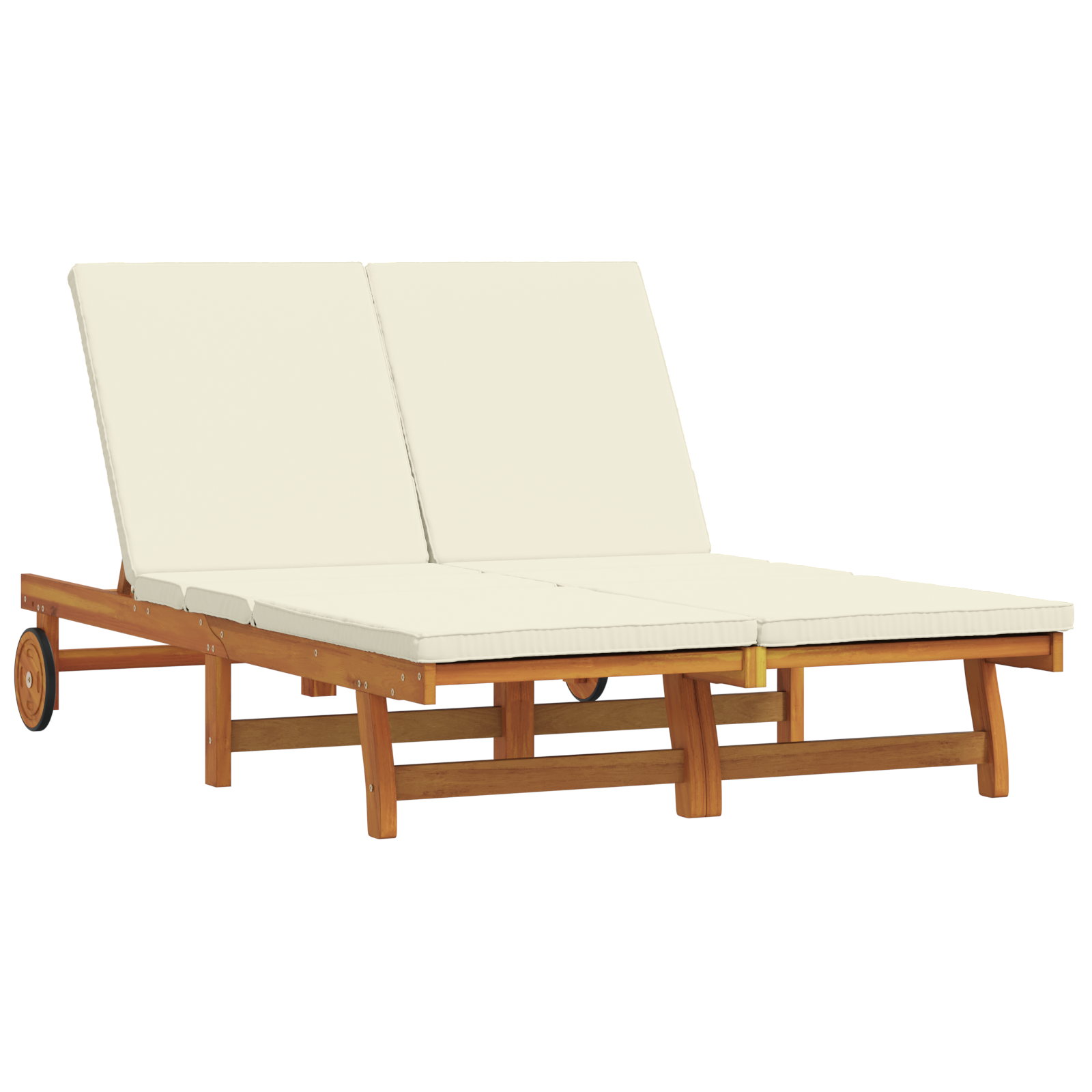 Double Sun Lounger with Wheels and Cushion - Solid Acacia Wood - Image 2