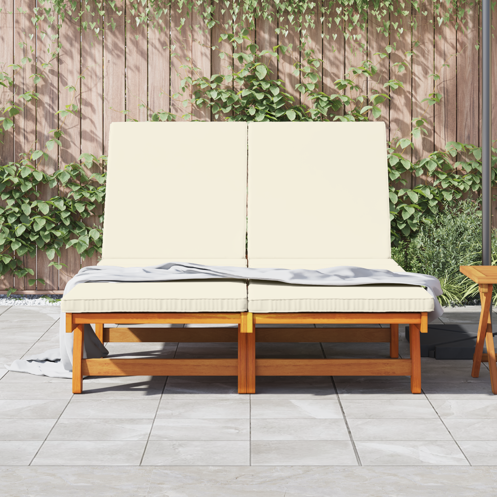 Double Sun Lounger with Wheels and Cushion - Solid Acacia Wood - Image 3