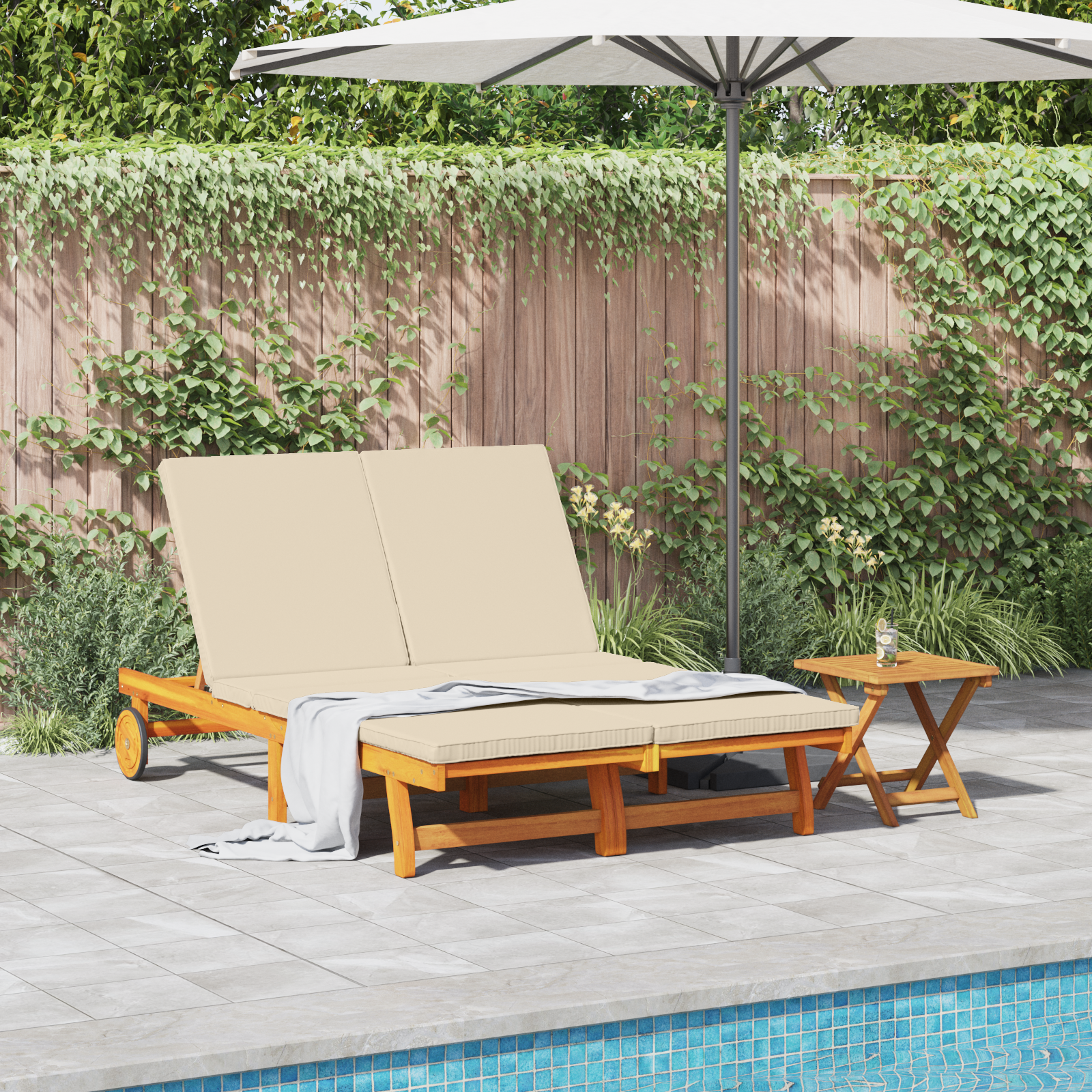 Двойно слънчево легло на колела с възглавница от акациево дърво