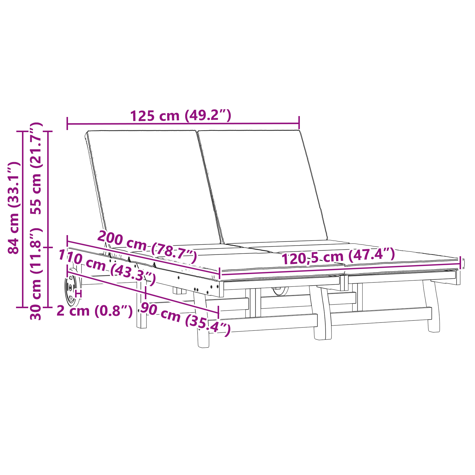 Double Sun Lounger with Wheels and Cushion - Solid Acacia Wood - Image 9