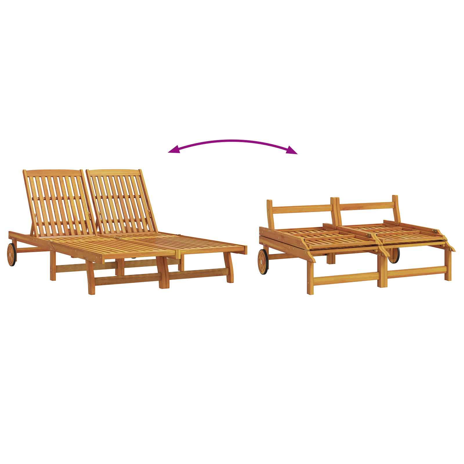 Double Sun Lounger with Wheels and Cushion - Solid Acacia Wood - Image 8