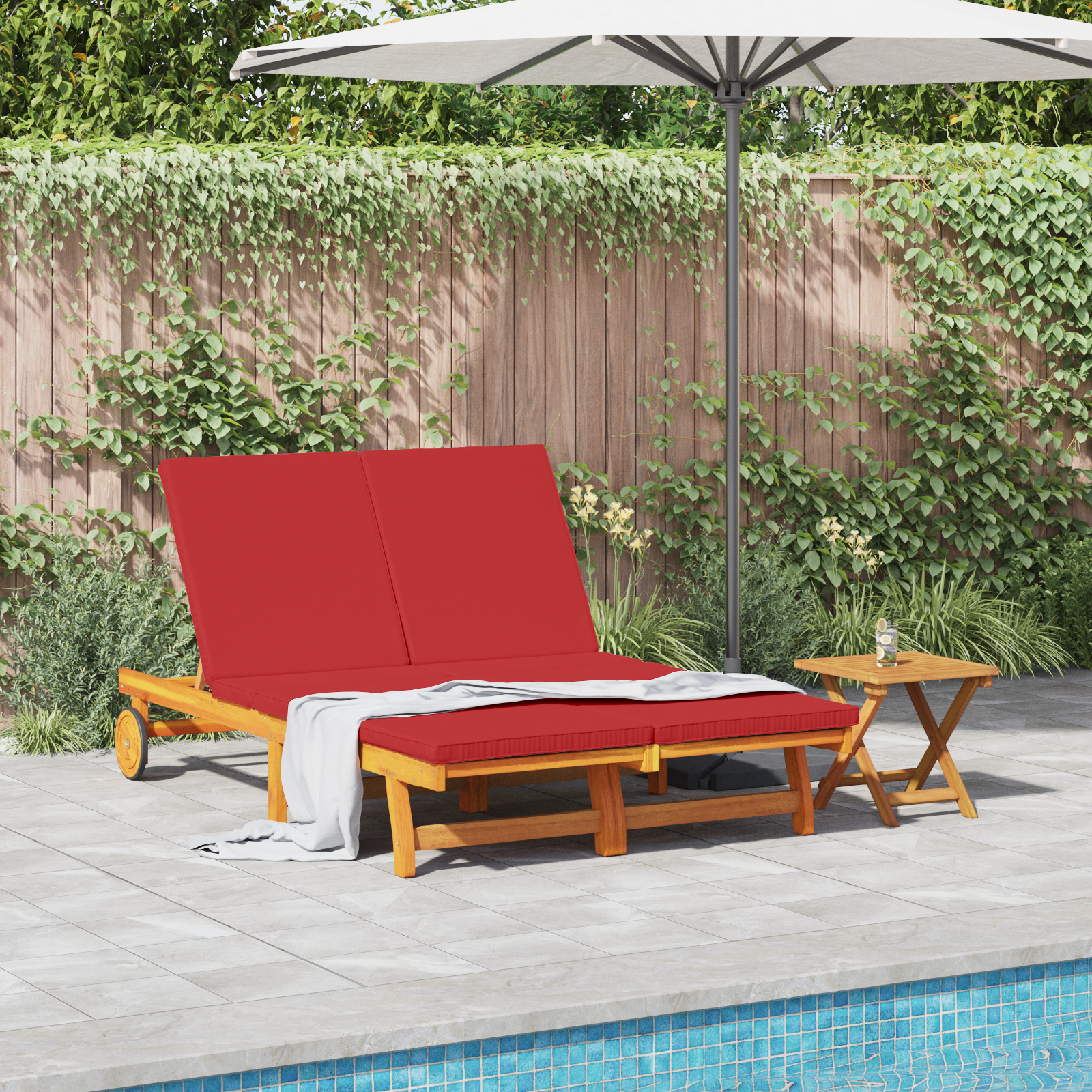 Double Sun Lounger with Wheels and Cushion - Solid Acacia Wood