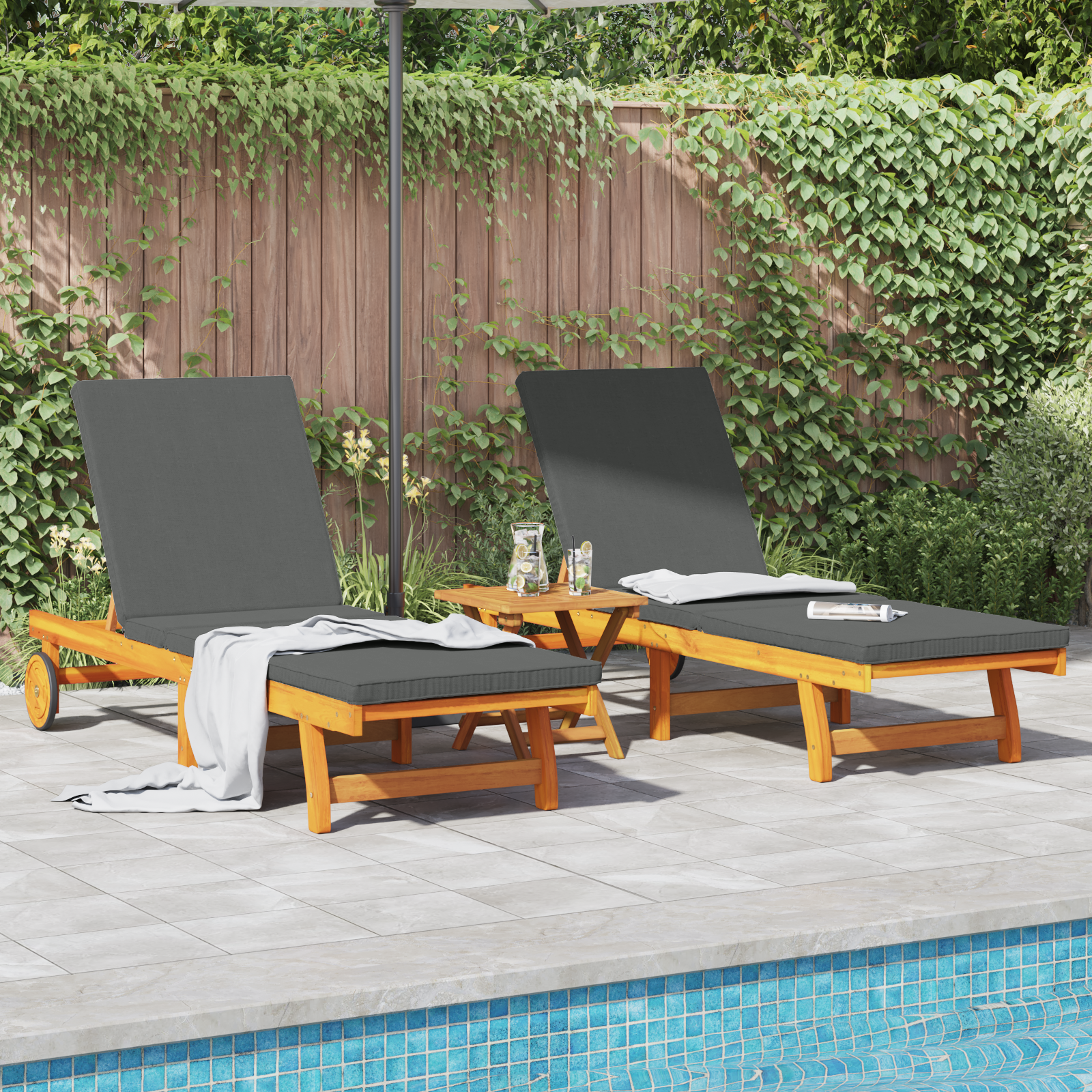 Sun Loungers 2-pack with Wheels and Cushions in Solid Acacia Wood
