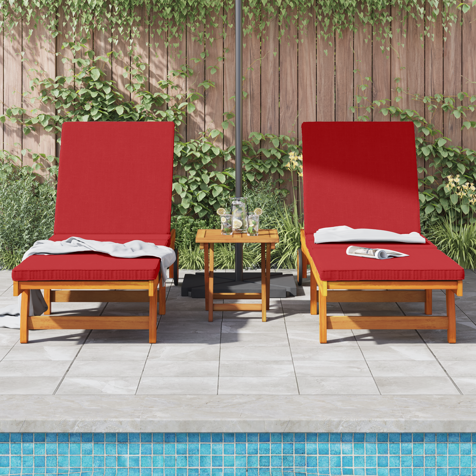 Sun Loungers 2 pcs with Wheels and Cushion Solid Wood Acacia - Image 3