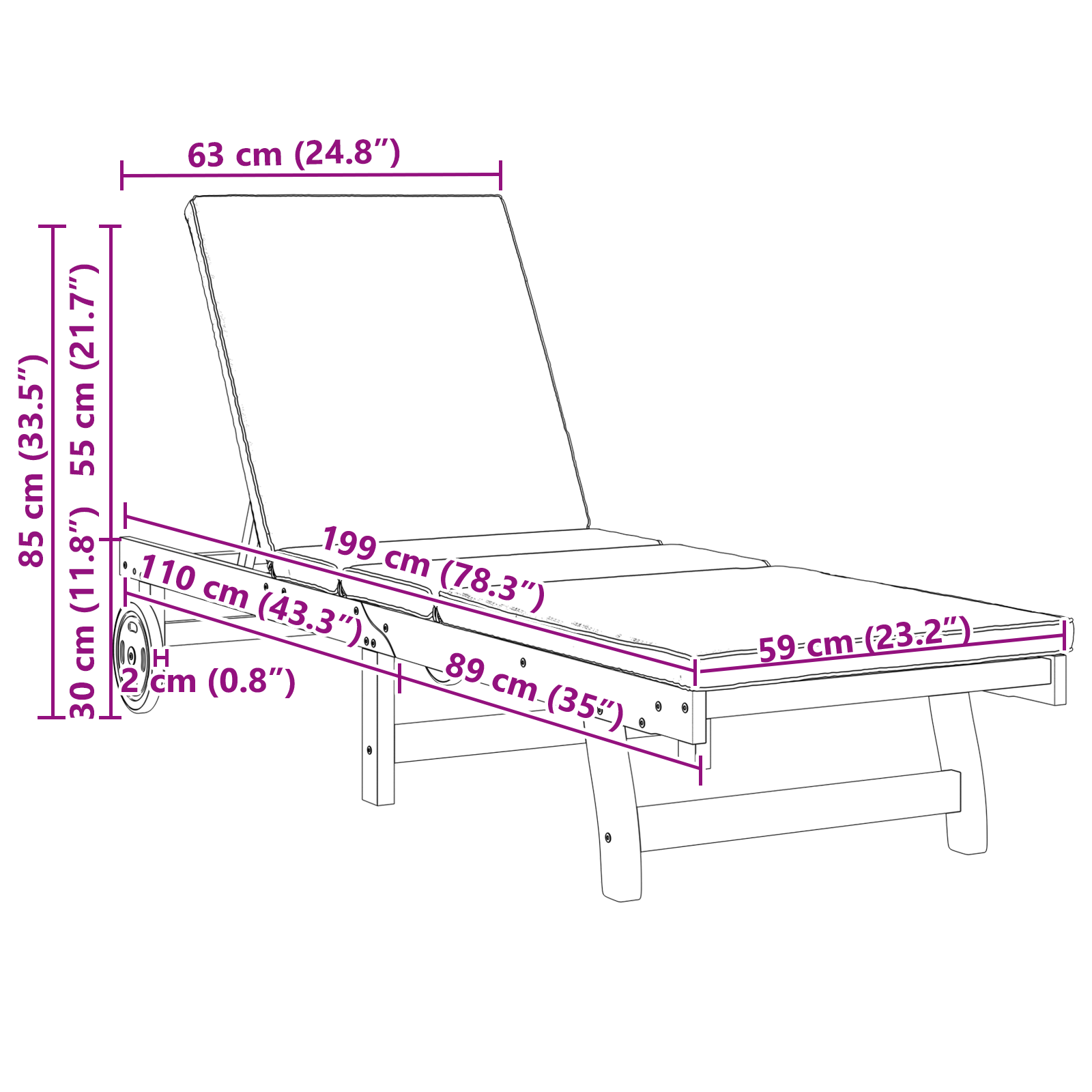 Sun Loungers 2 pcs with Wheels and Cushion Solid Wood Acacia - Image 9