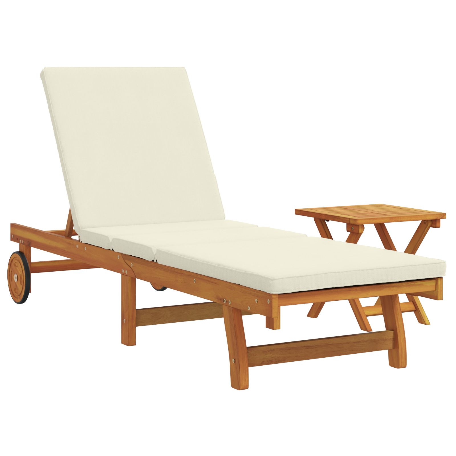 Wheeled Sun Lounger with Table and Cushion - Solid Acacia Wood - Image 2