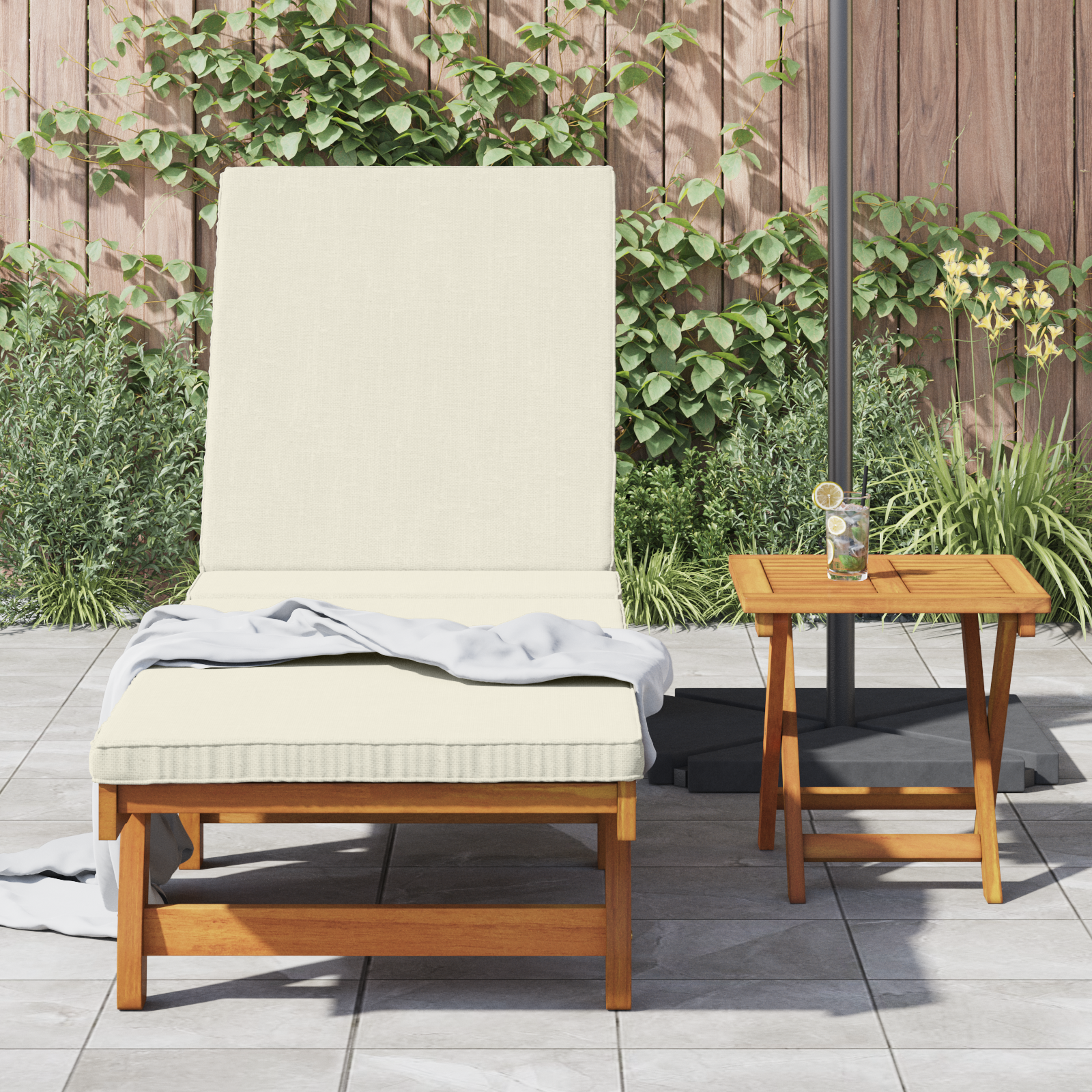 Wheeled Sun Lounger with Table and Cushion - Solid Acacia Wood - Image 3
