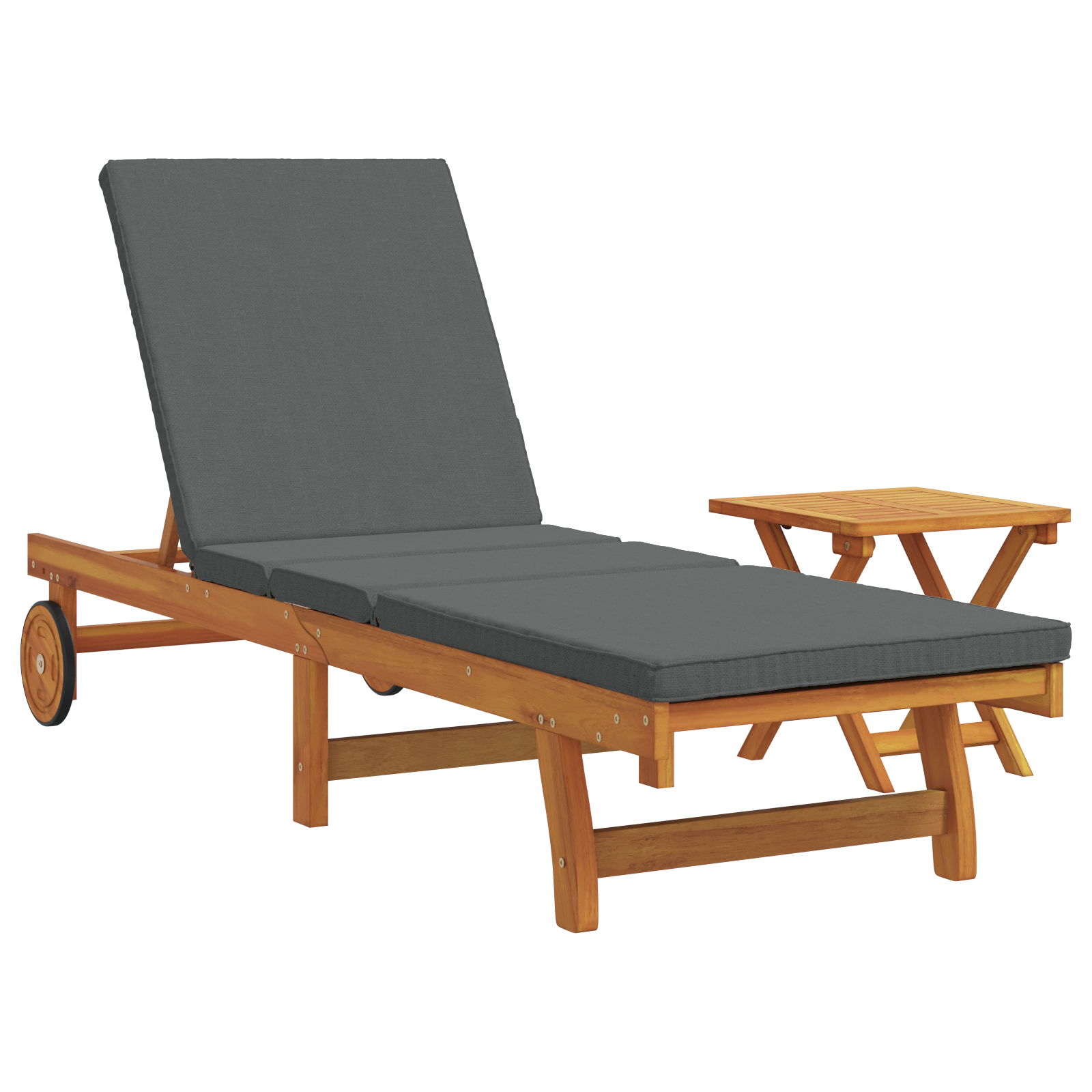 Rolling Sun Lounger with Table and Cushion - Solid Acacia Wood - Image 2