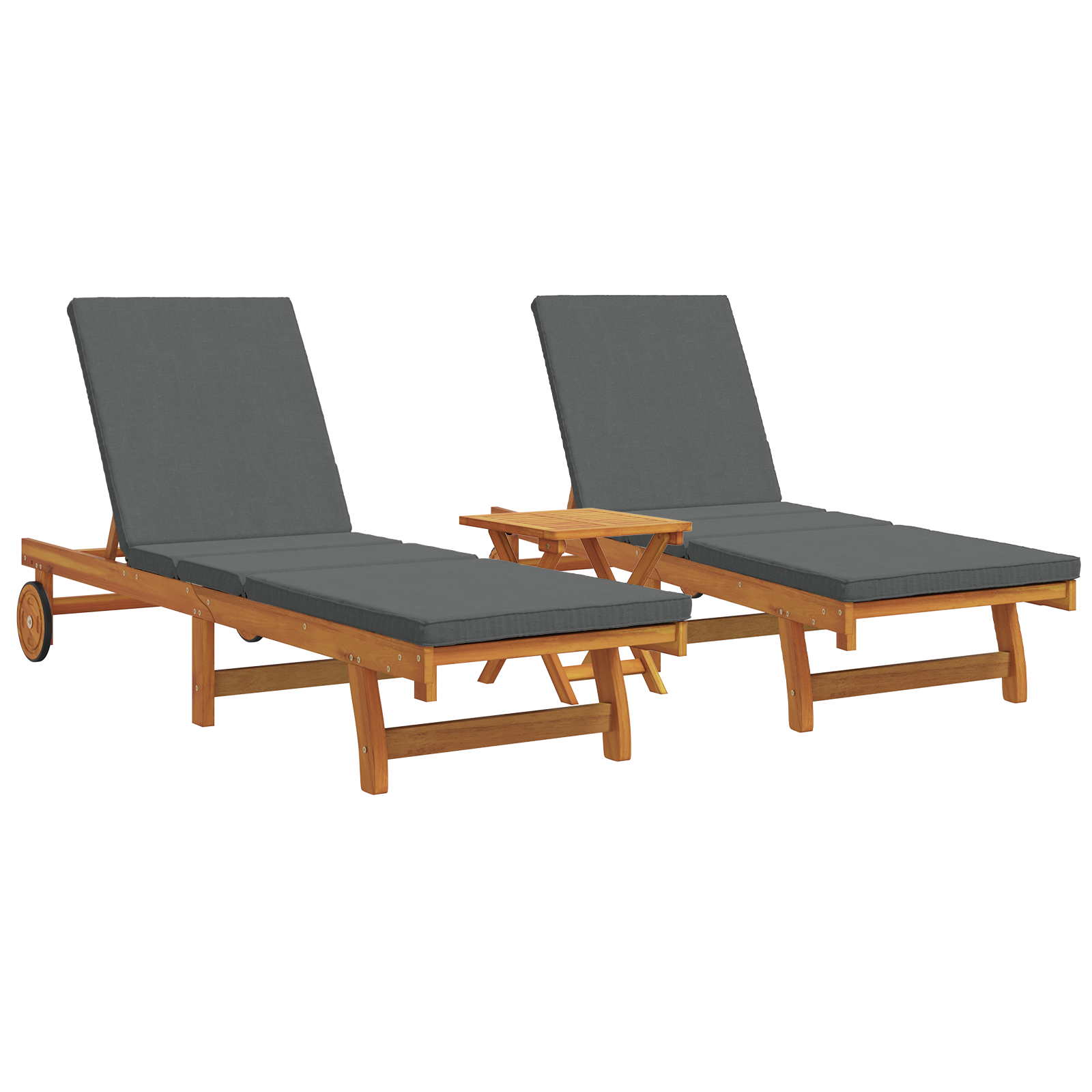 Ligstoelen 2 st met wielen, tafel en kussen massief acaciahout