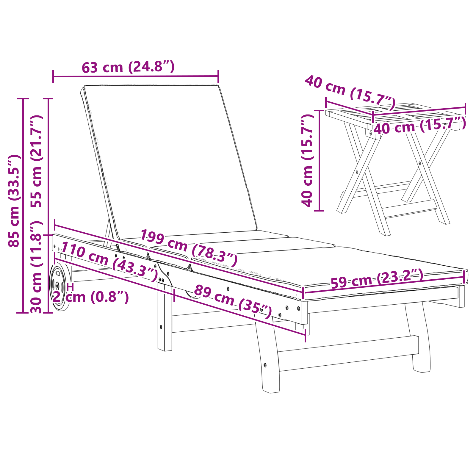Wheeled Sun Loungers 2 pcs with Table & Cushion Solid Wood Acacia - Image 10
