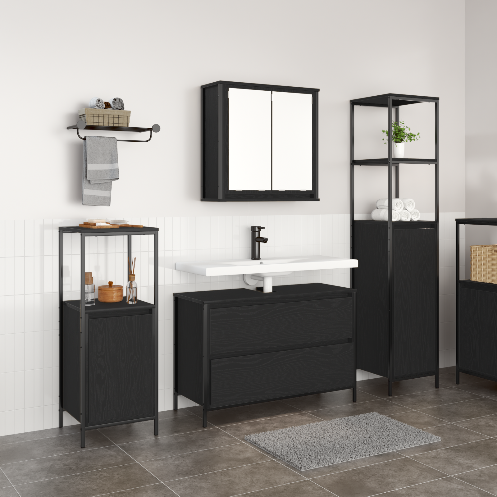 3 Piece Bathroom Furniture Set Black Oak Engineered Wood