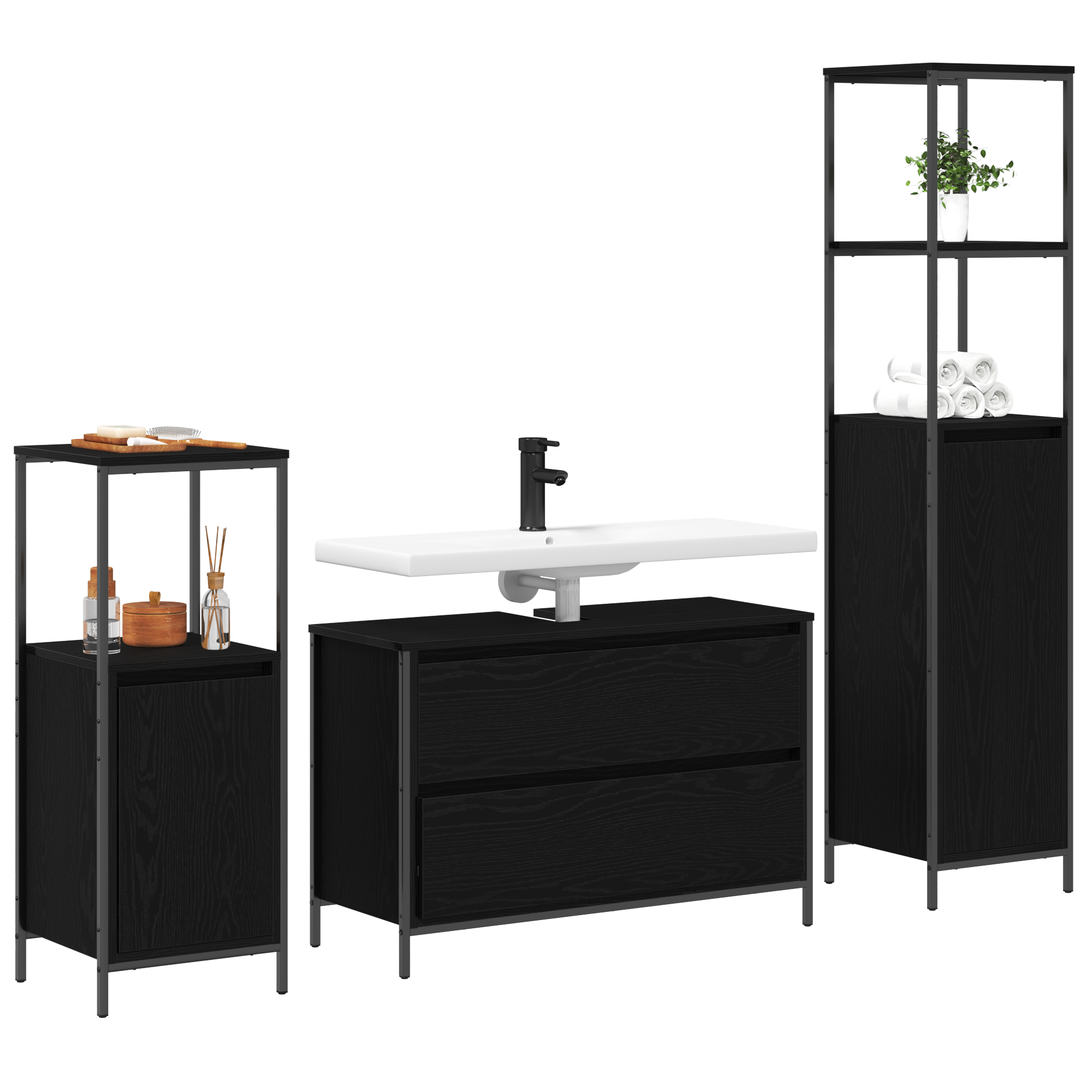 3 Piece Bathroom Furniture Set Black Oak Engineered Wood - Image 3