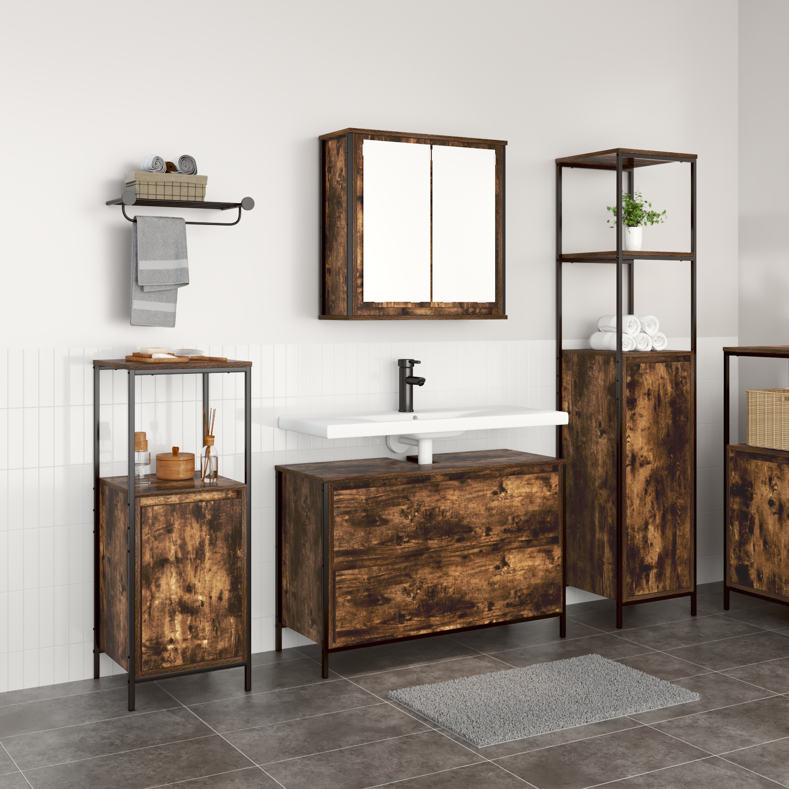 3 Piece Bathroom Furniture Set Smoked Oak Engineered Wood