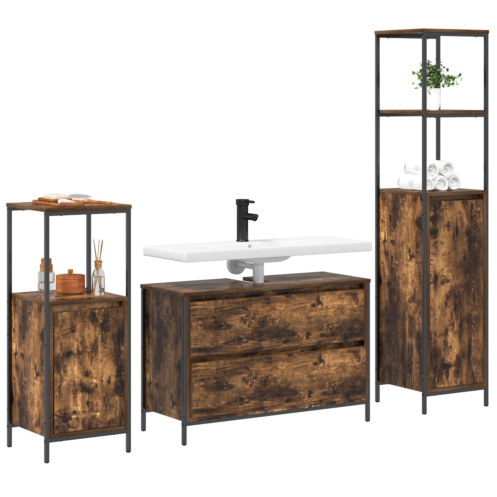 3 Piece Bathroom Furniture Set Smoked Oak Engineered Wood - Image 3