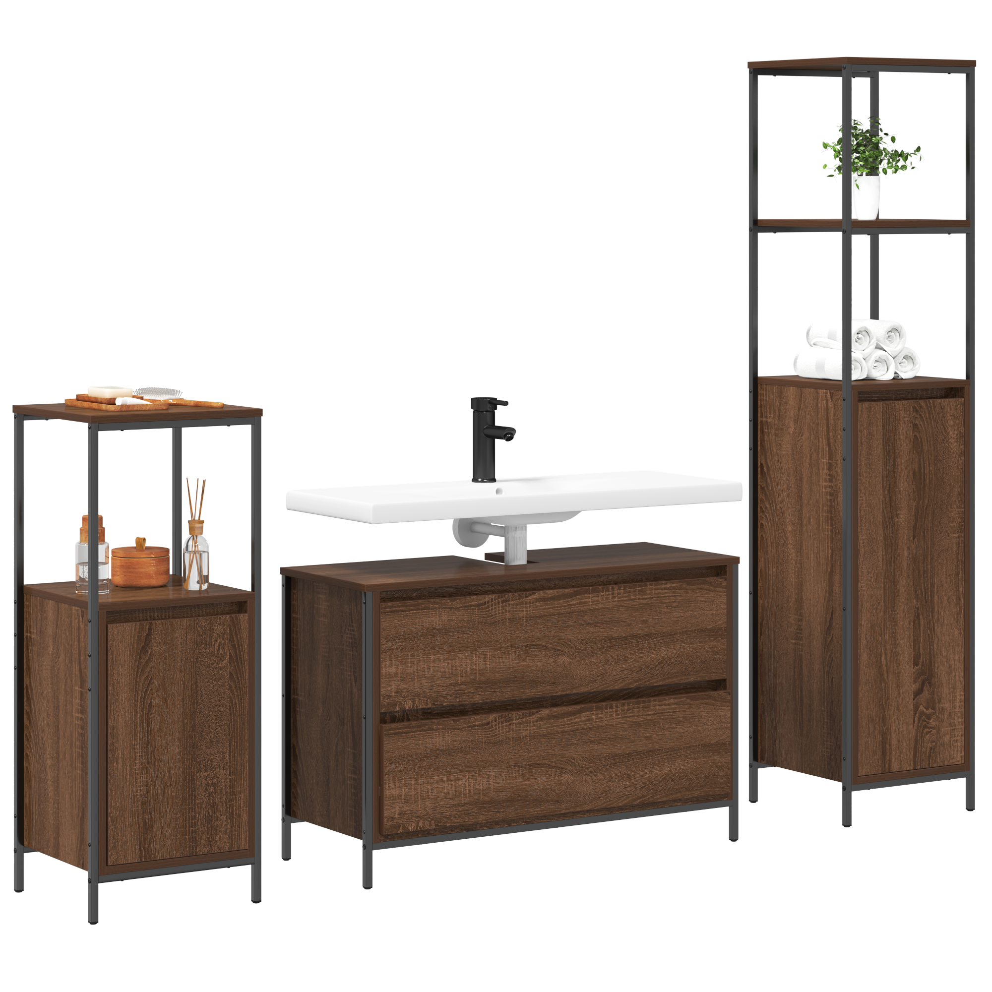 3 Piece Bathroom Furniture Set Brown Oak Engineered Wood - Image 3