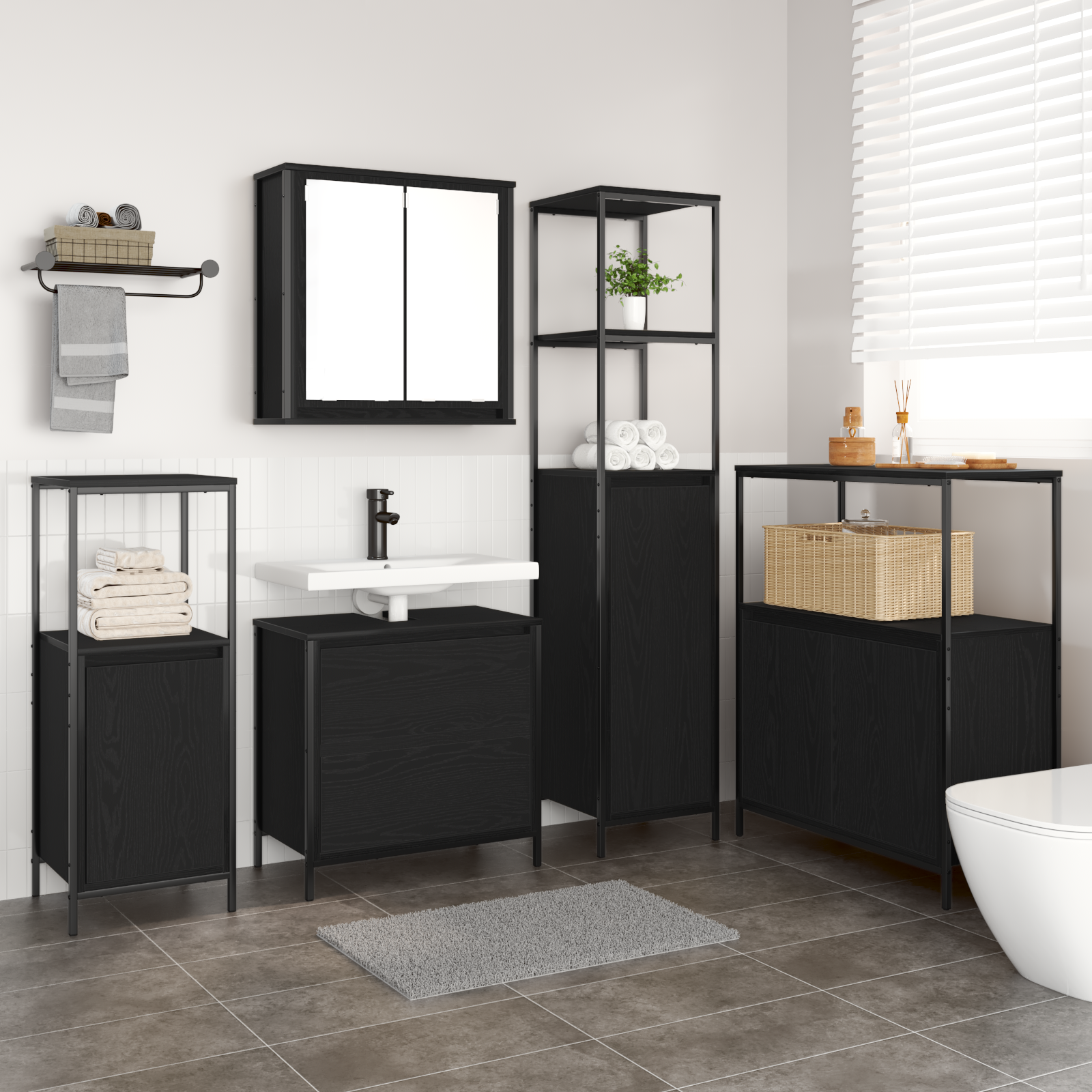 5-Piece Bathroom Furniture Set in Black Oak Engineered Wood