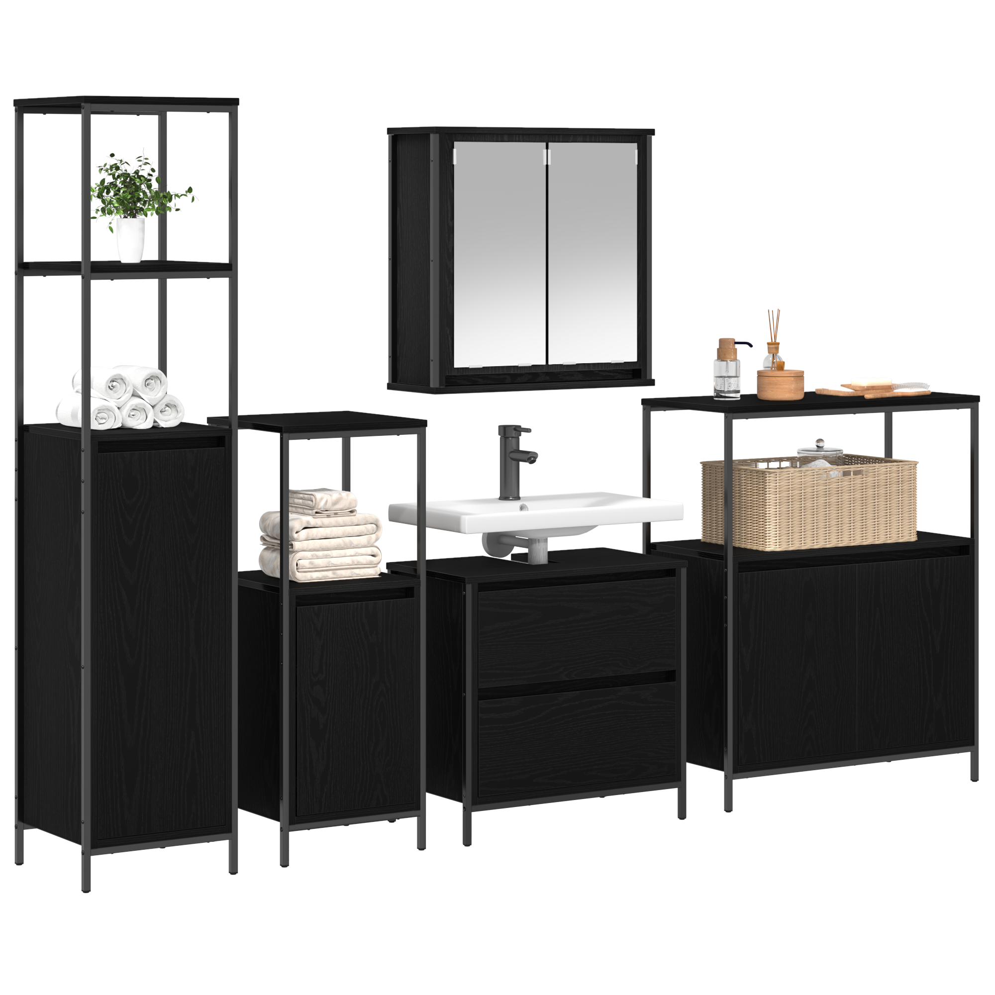 5-Piece Bathroom Furniture Set in Black Oak Engineered Wood - Image 3