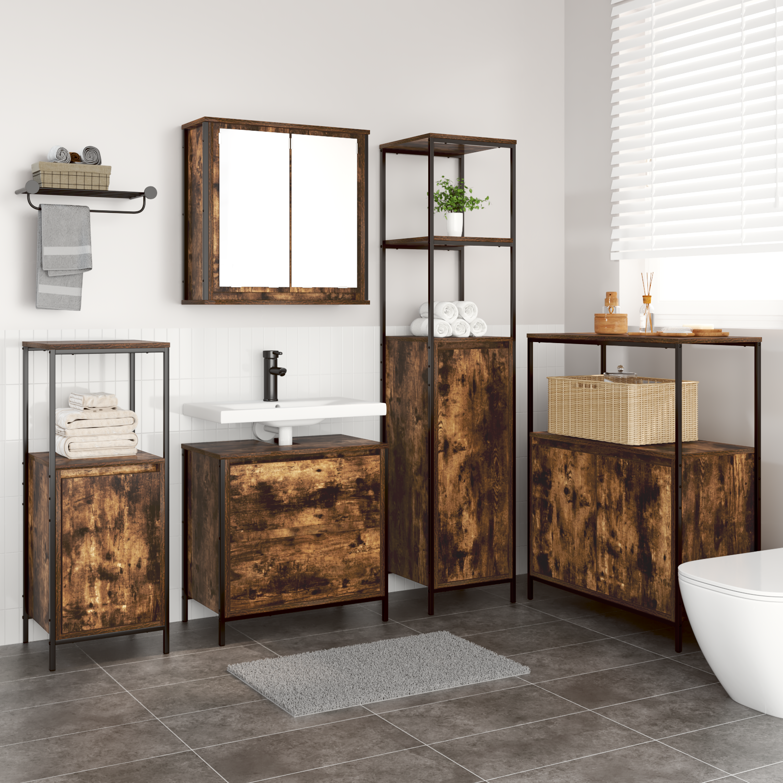 5-Piece Bathroom Furniture Set in Smoked Oak Engineered Wood