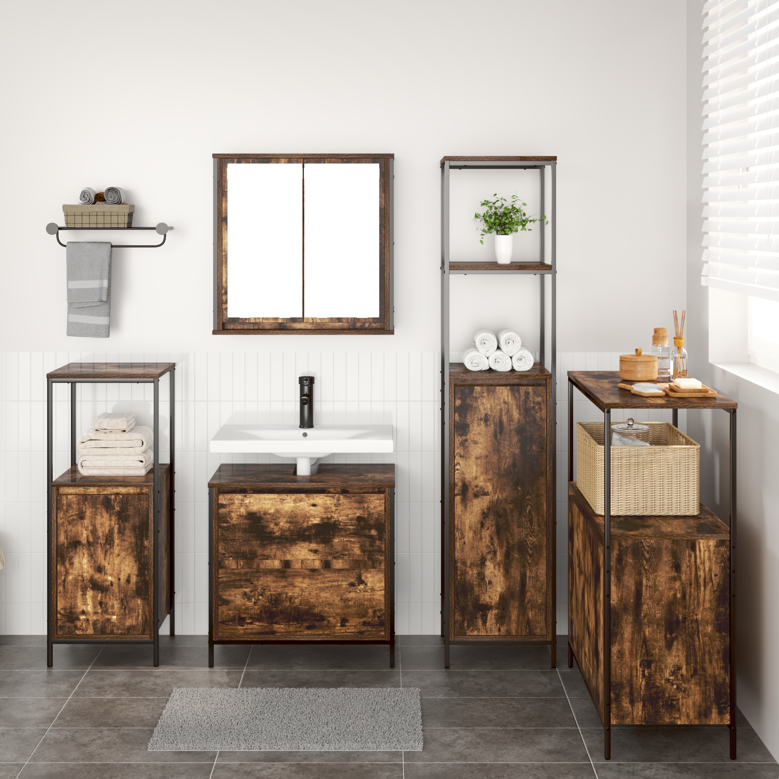 5-Piece Bathroom Furniture Set in Smoked Oak Engineered Wood - Image 4