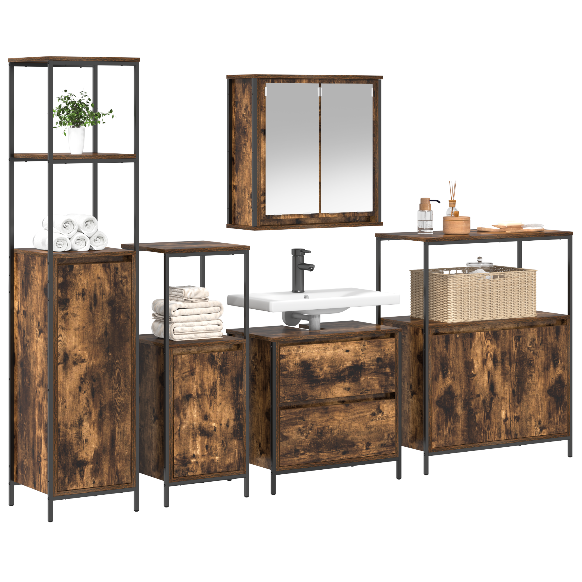5-Piece Bathroom Furniture Set in Smoked Oak Engineered Wood - Image 3