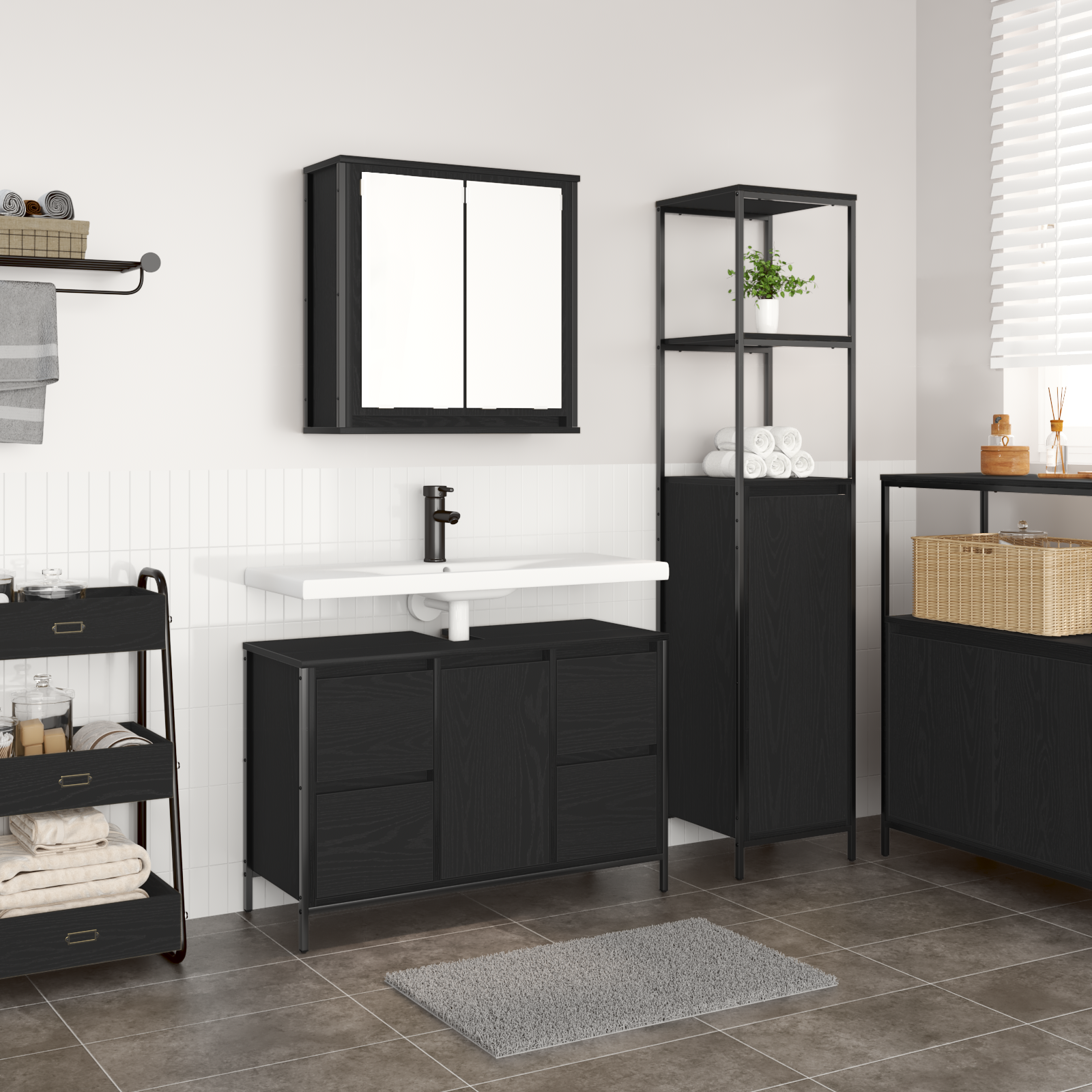 Bathroom Furniture Set Set of 2 Black Oak Engineered Wood - Image 4