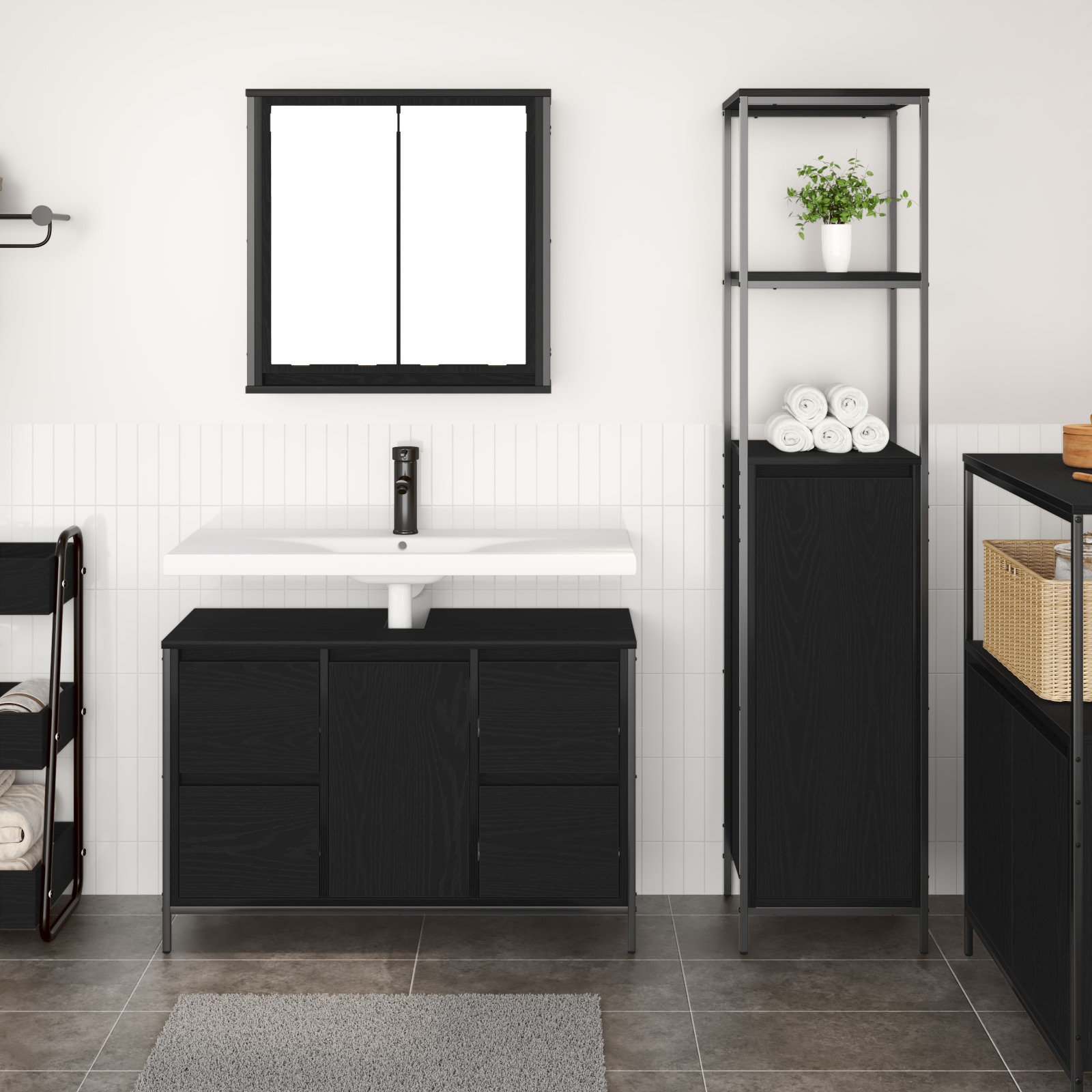 Bathroom Furniture Set Set of 2 Black Oak Engineered Wood