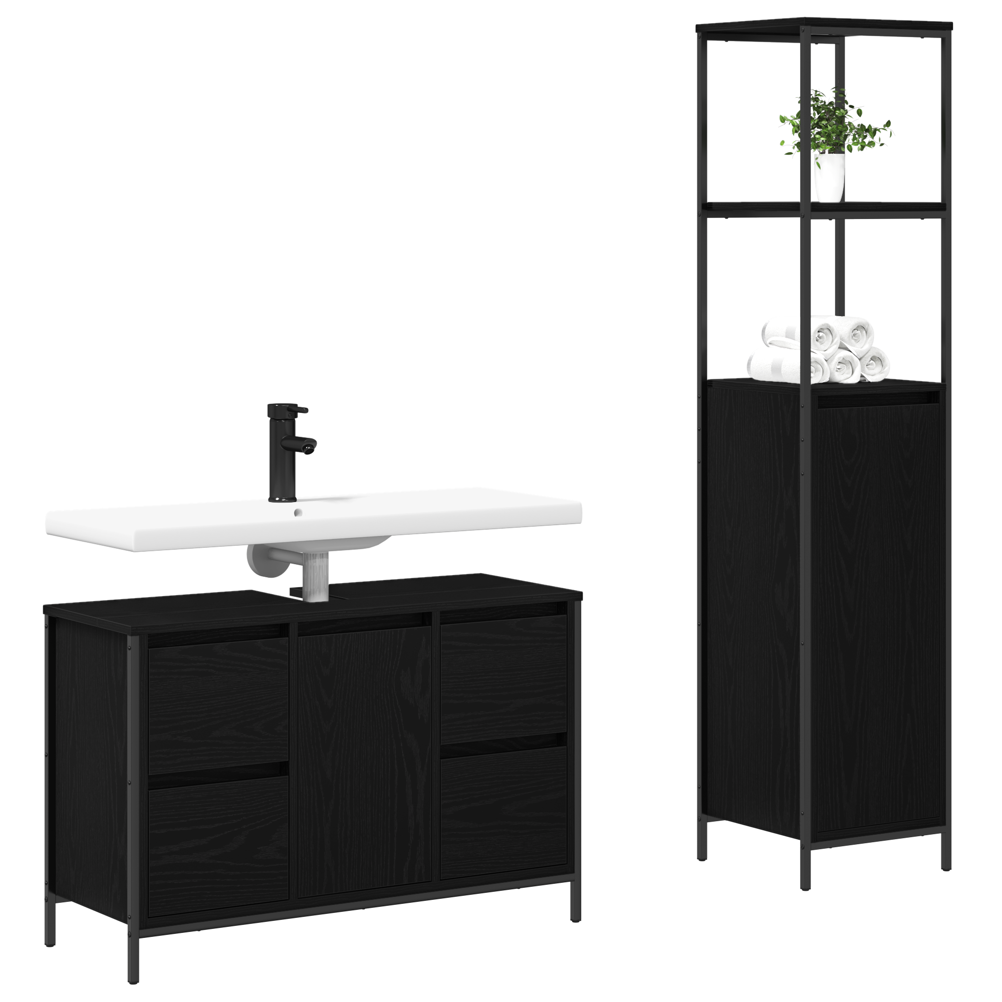 Bathroom Furniture Set Set of 2 Black Oak Engineered Wood - Image 3