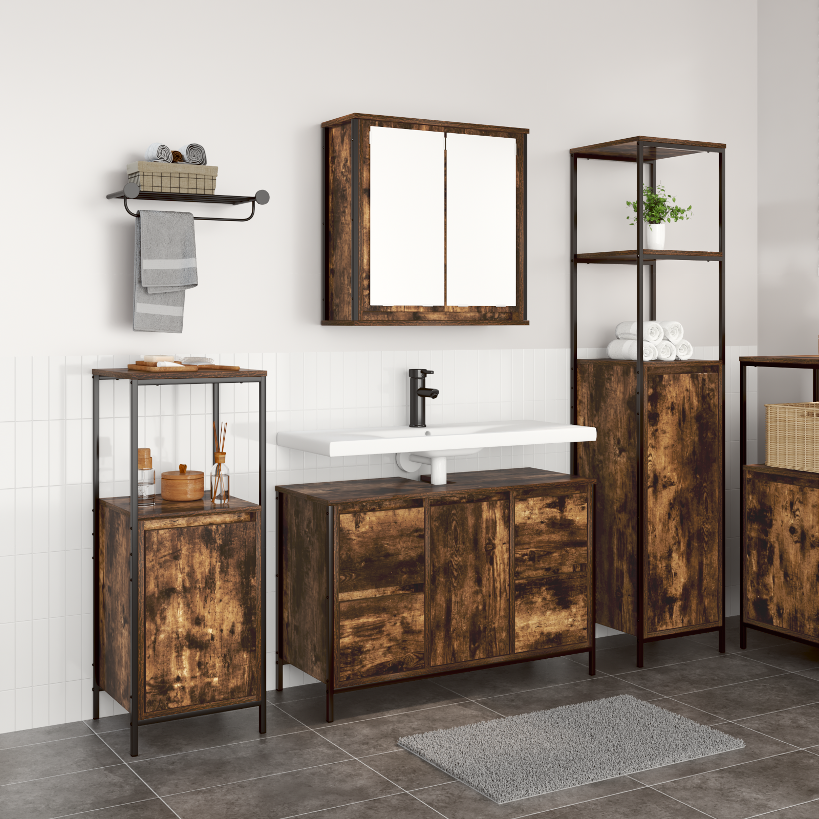 3-Piece Bathroom Furniture Set in Smoked Oak Engineered Wood