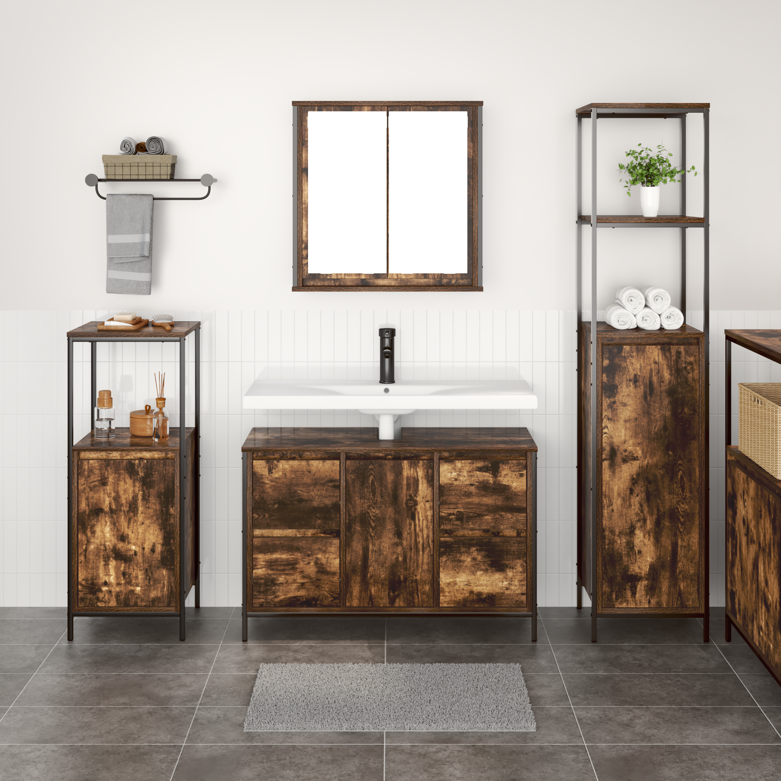 3-Piece Bathroom Furniture Set in Smoked Oak Engineered Wood - Image 4