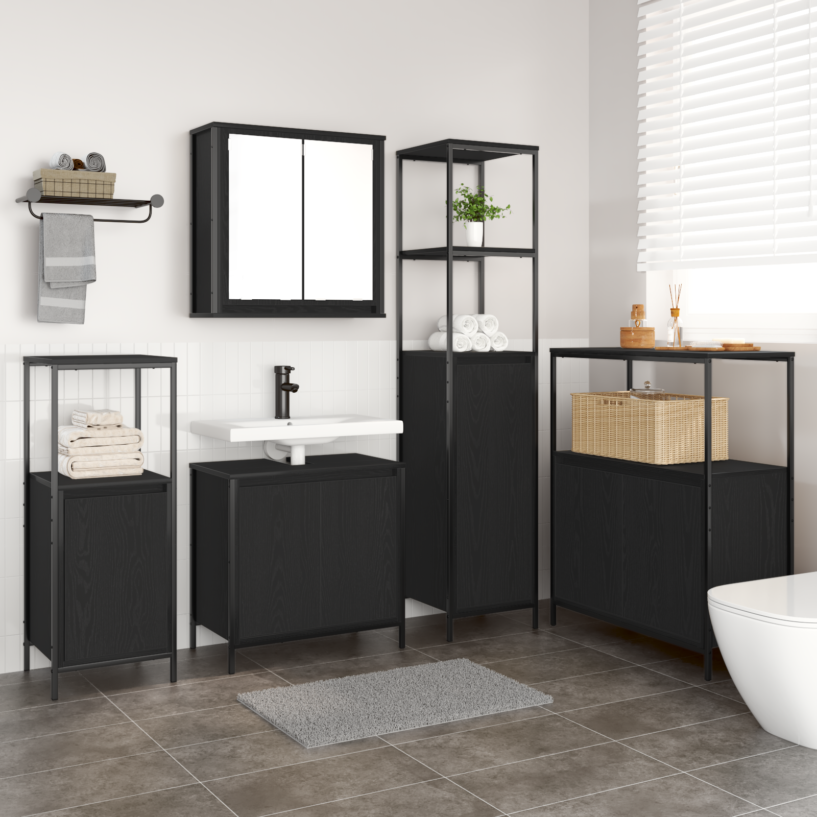 5 Piece Bathroom Furniture Set Black Oak Engineered Wood - Image 4