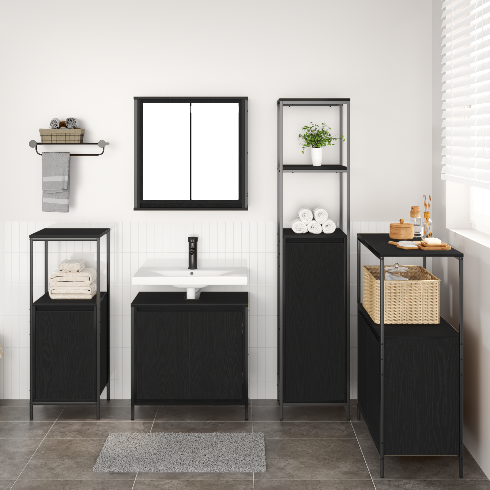5 Piece Bathroom Furniture Set Black Oak Engineered Wood