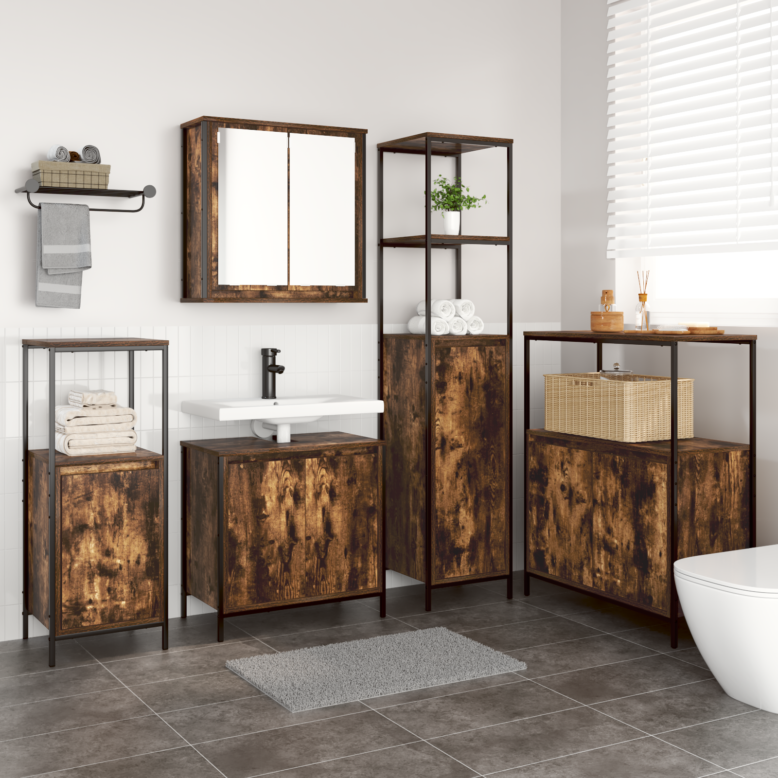 5-Piece Bathroom Furniture Set in Smoked Oak Engineered Wood