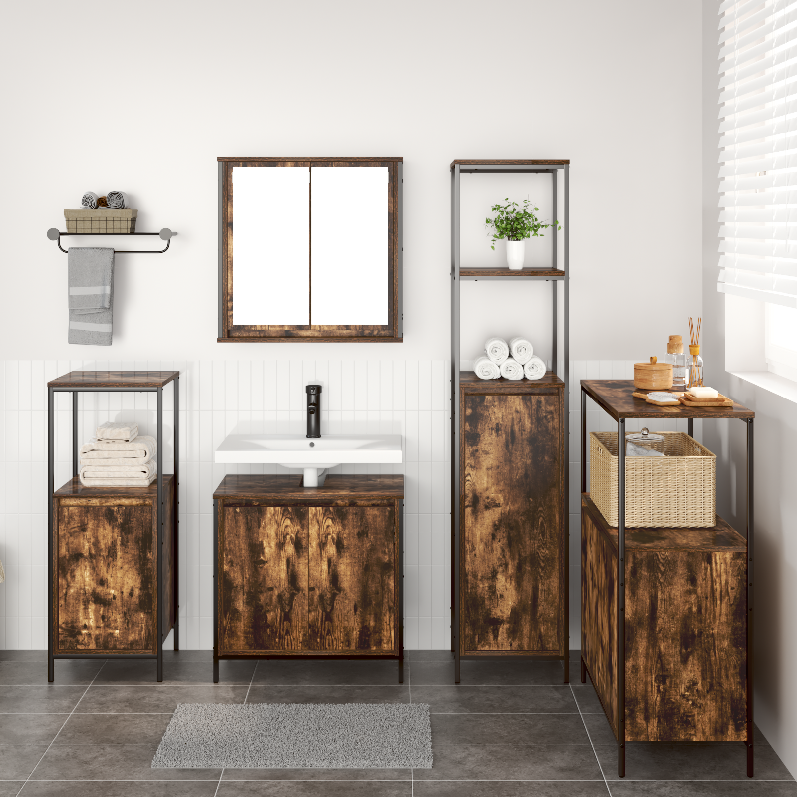5-Piece Bathroom Furniture Set in Smoked Oak Engineered Wood - Image 4