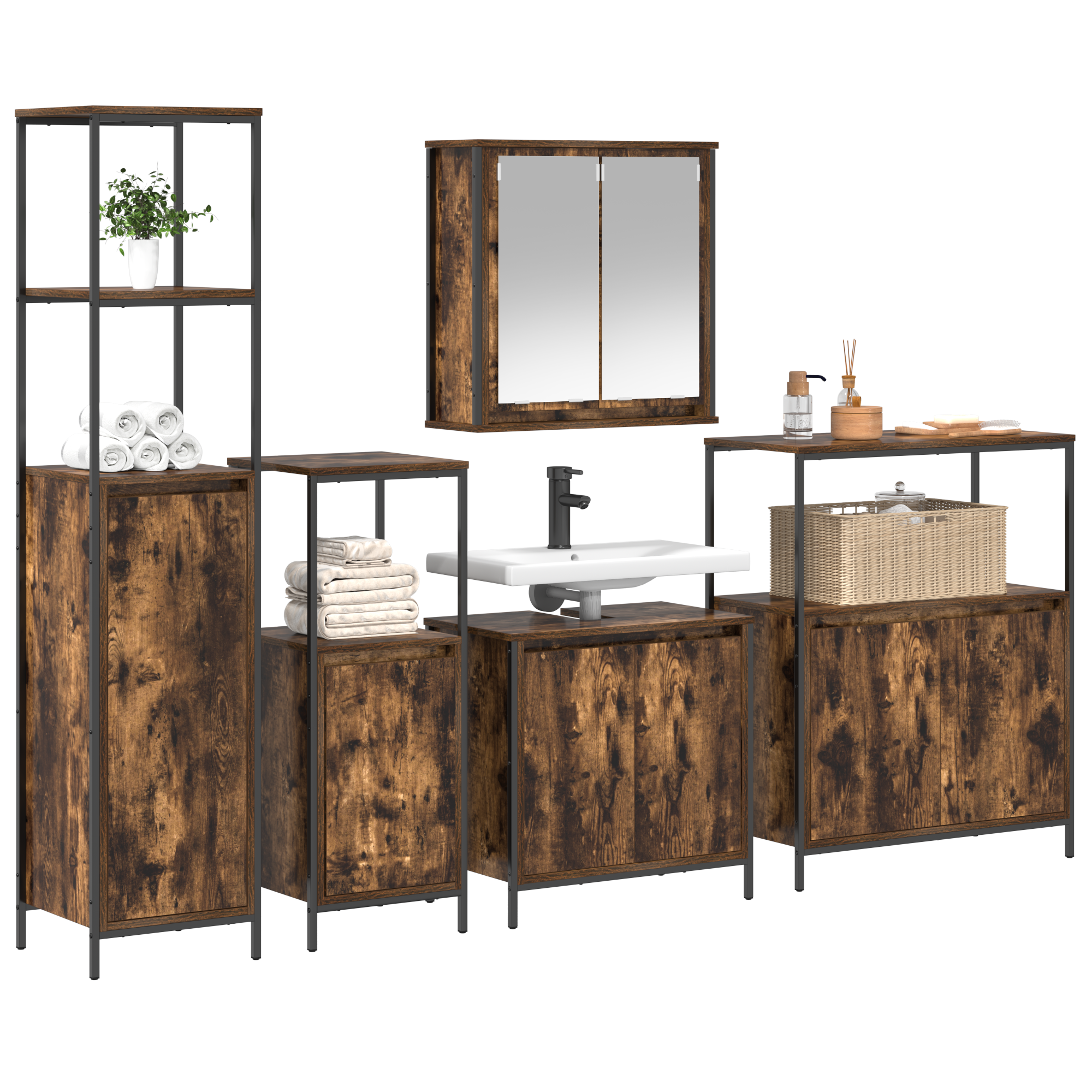 5-Piece Bathroom Furniture Set in Smoked Oak Engineered Wood - Image 3