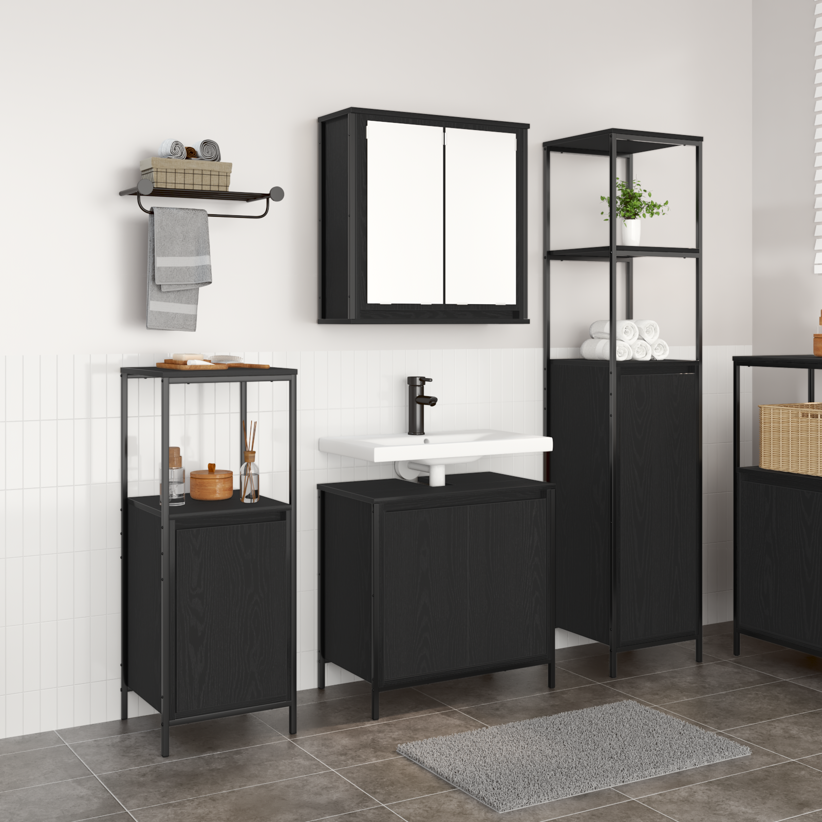 3 Piece Bathroom Furniture Set Black Oak Engineered Wood