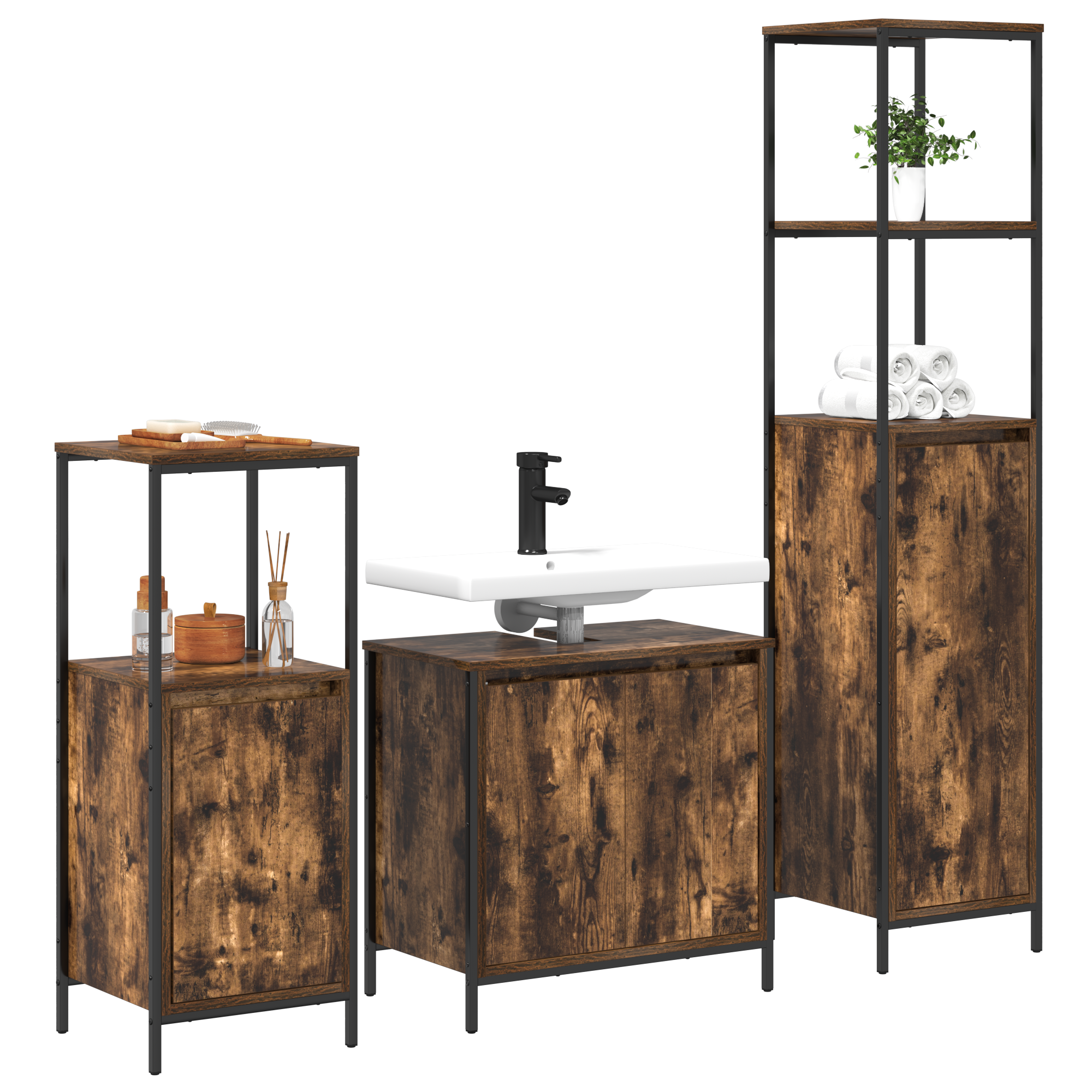 3-Piece Bathroom Furniture Set in Smoked Oak - Engineered Wood - Image 3
