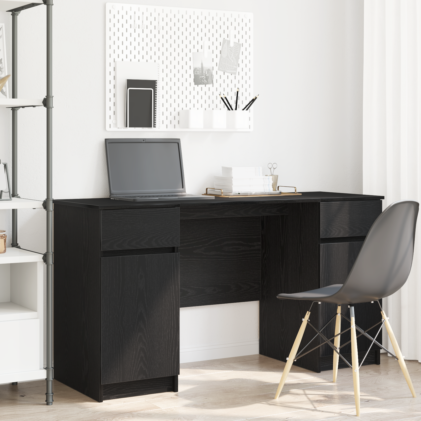 Desk Black Oak 140x49x76 cm Engineered Wood