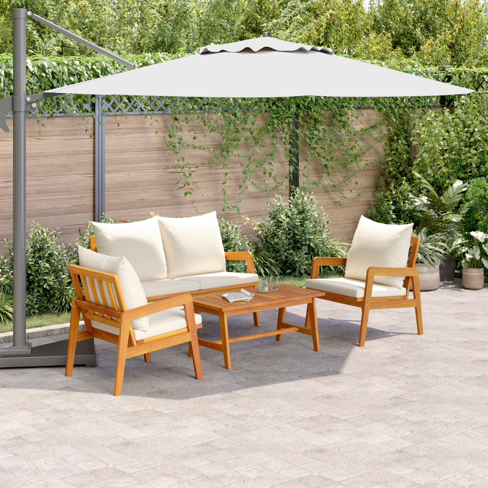 4 Членен Бистро комплект с възглавници от масивна акациева дървесина - Image 4